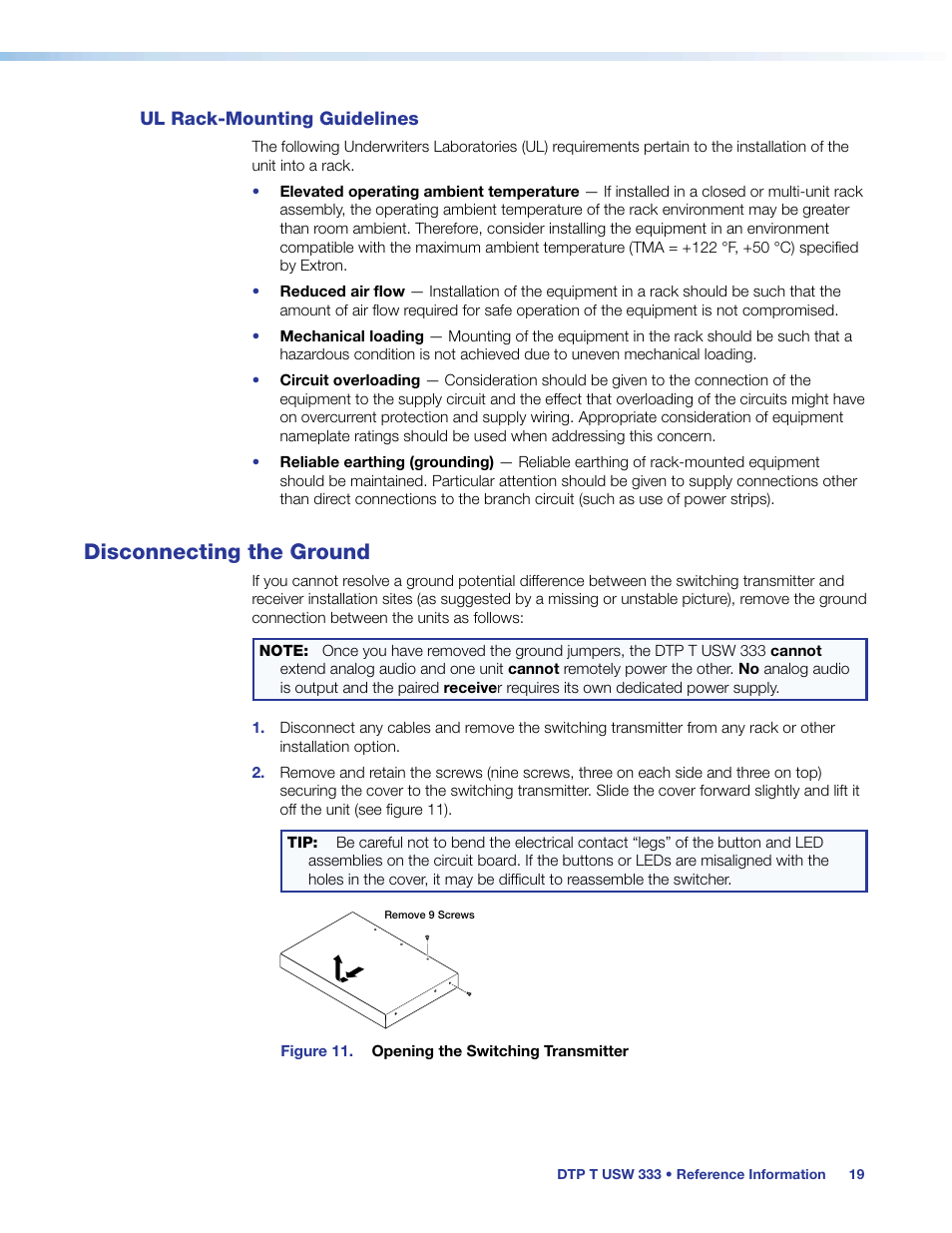 Ul rack-mounting guidelines, Disconnecting the ground, Mounting, see | Extron Electronics DTP T USW 333 User Guide User Manual | Page 24 / 26