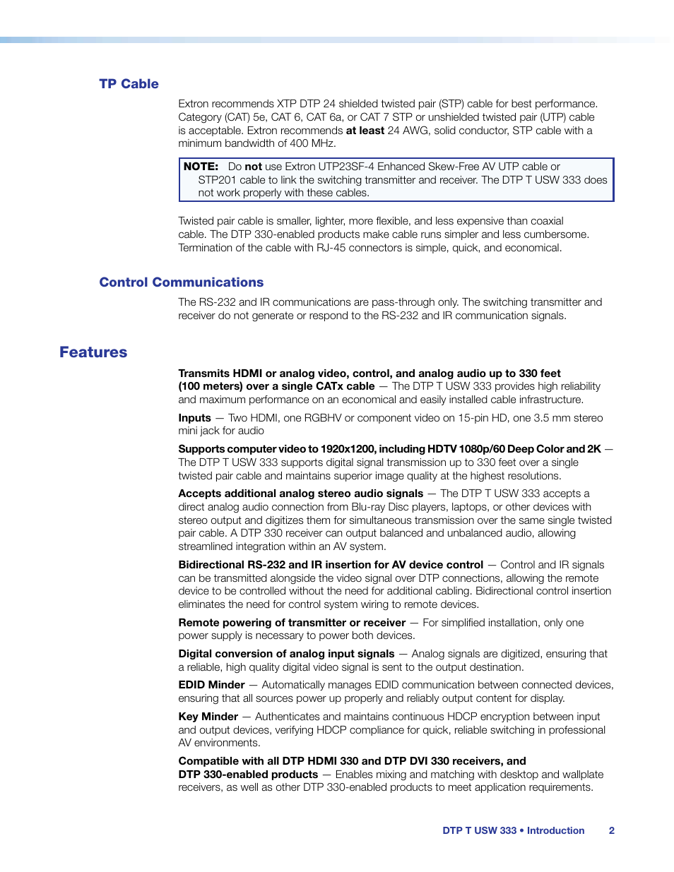 Tp cable, Control communications, Features | Tp cable control communications | Extron Electronics DTP T USW 333 User Guide User Manual | Page 7 / 26