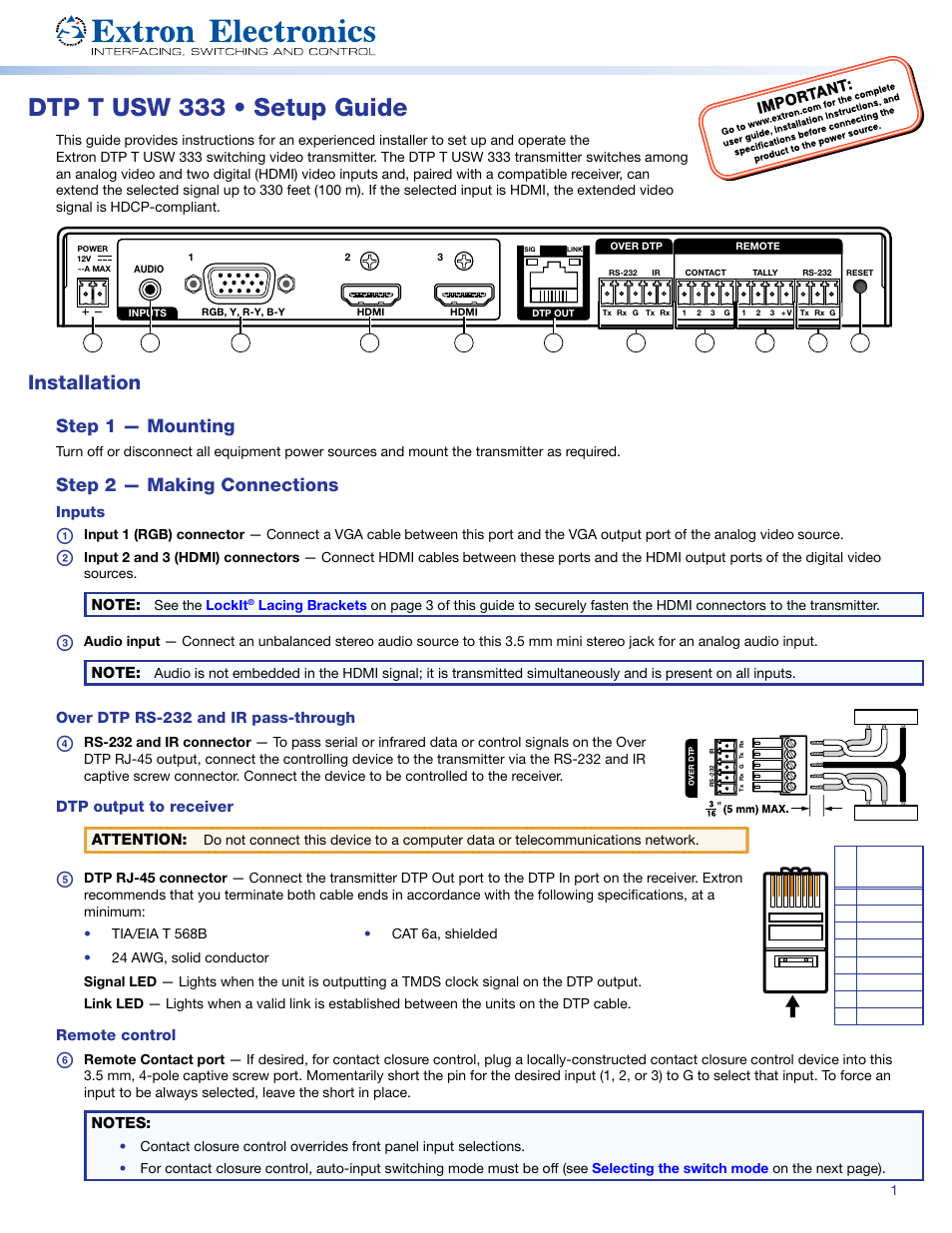 Extron Electronics DTP T USW 333 Setup Guide User Manual | 4 pages