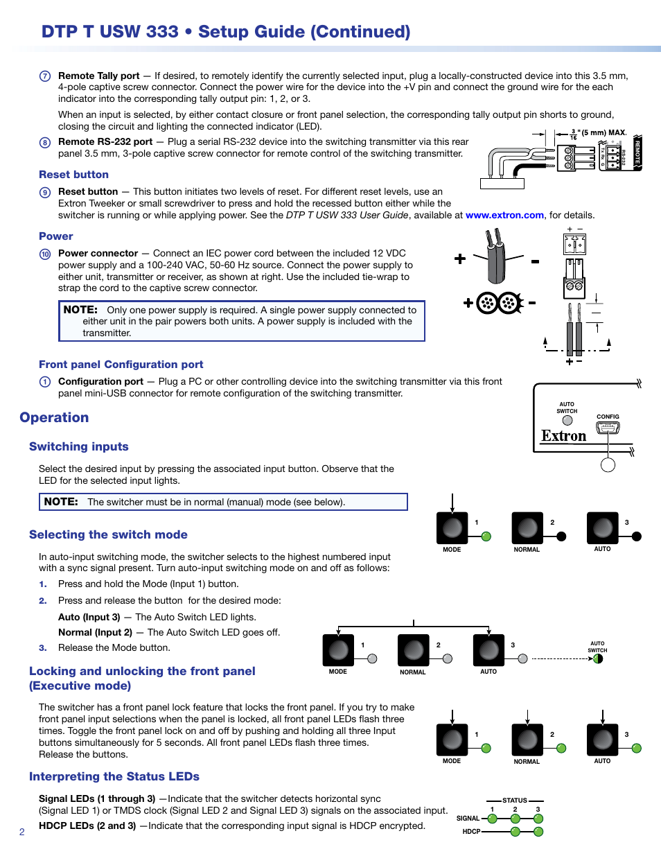 Operation, Switching inputs, Selecting the switch mode | Interpreting the status leds, F (see, Dtp t usw 333 • setup guide (continued) | Extron Electronics DTP T USW 333 Setup Guide User Manual | Page 2 / 4
