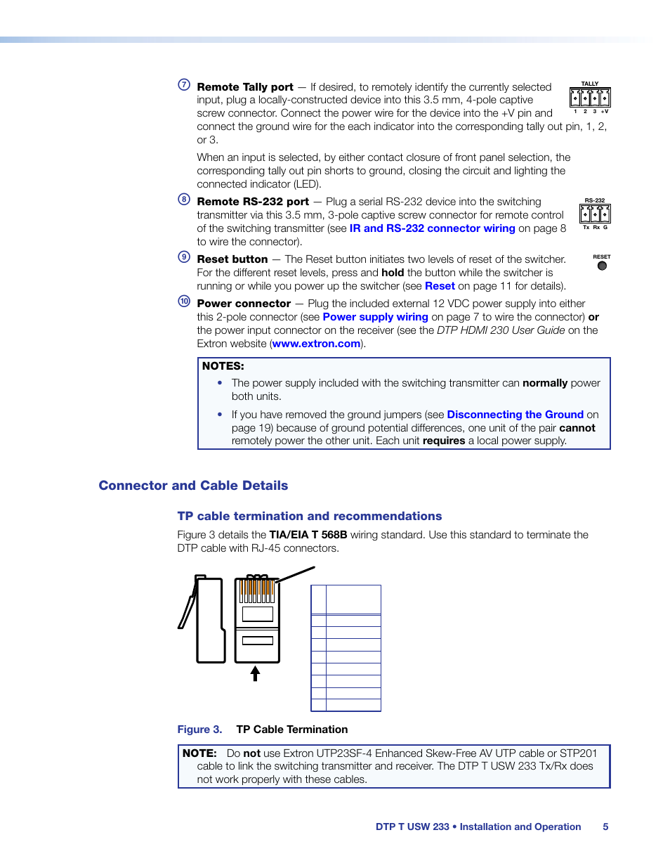 Connector and cable details, Tp cable termination and recommendations | Extron Electronics DTP T USW 233 User Guide User Manual | Page 10 / 26