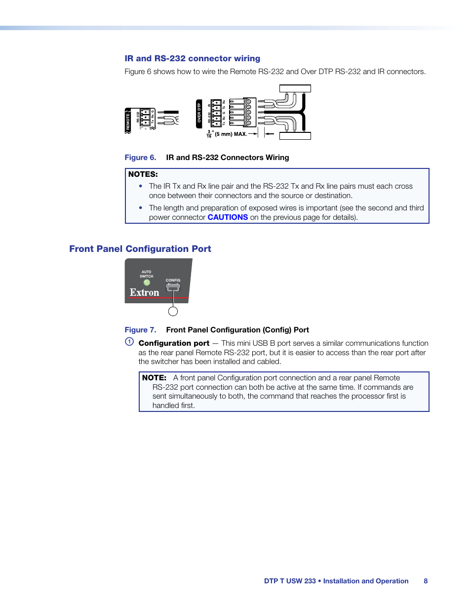 Front panel configuration port, Ectional rs-232 and ir communication (see see, Ir and | Rs-232 connector wiring, Ir and rs-232 connector wiring, Figure 7. front panel configuration (config) port | Extron Electronics DTP T USW 233 User Guide User Manual | Page 13 / 26