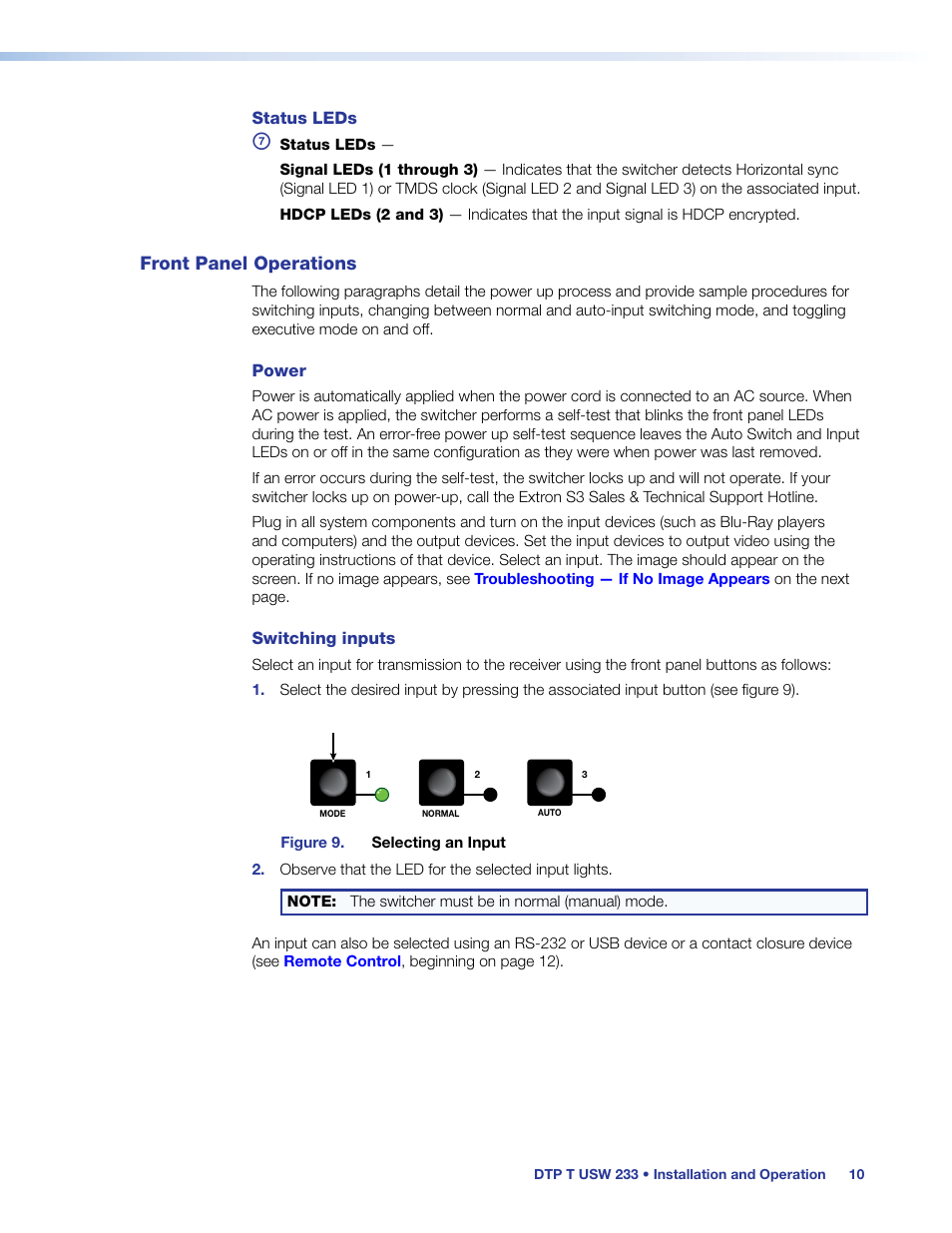 Front panel operations, Output (see, Switching inputs | Extron Electronics DTP T USW 233 User Guide User Manual | Page 15 / 26