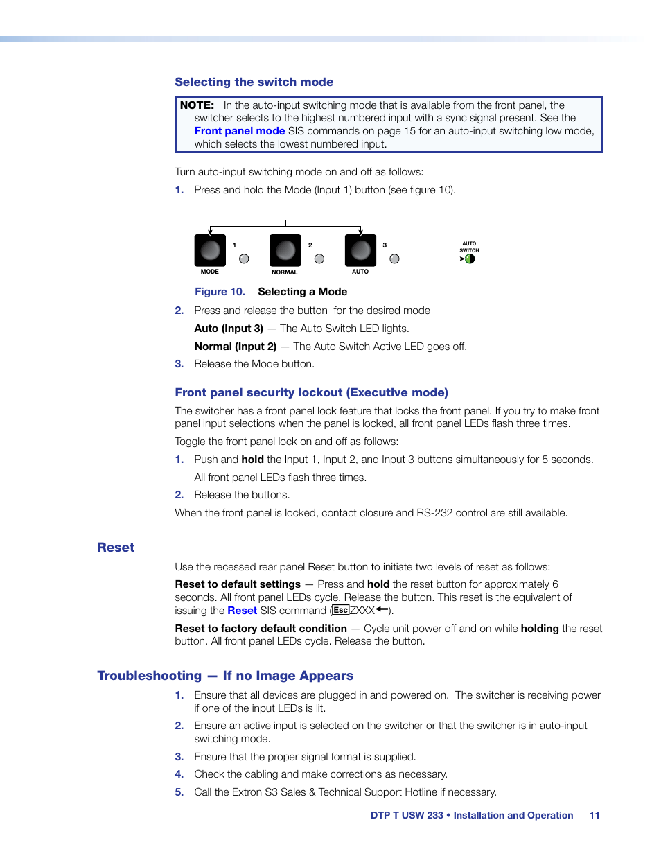 Reset, Troubleshooting — if no image appears, Reset troubleshooting — if no image appears | Selecting the, Switch mode, Running or while you power up the switcher (see, Selecting the switch, Mode, To select the switching mode (see, Selecting the switch mode | Extron Electronics DTP T USW 233 User Guide User Manual | Page 16 / 26