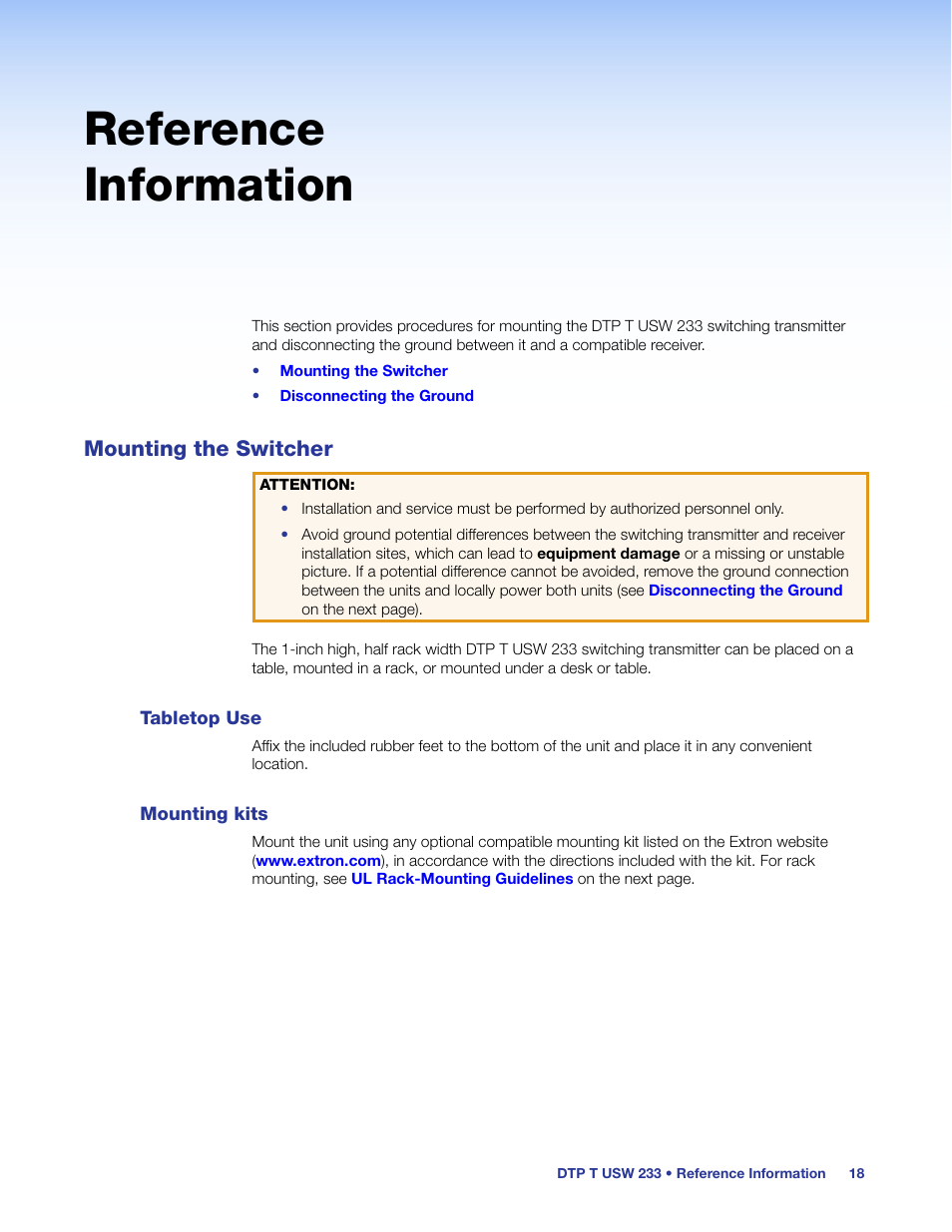 Reference information, Mounting the switcher, Tabletop use | Mounting kits, Tabletop use mounting kits, Mounting instructions can be found in | Extron Electronics DTP T USW 233 User Guide User Manual | Page 23 / 26