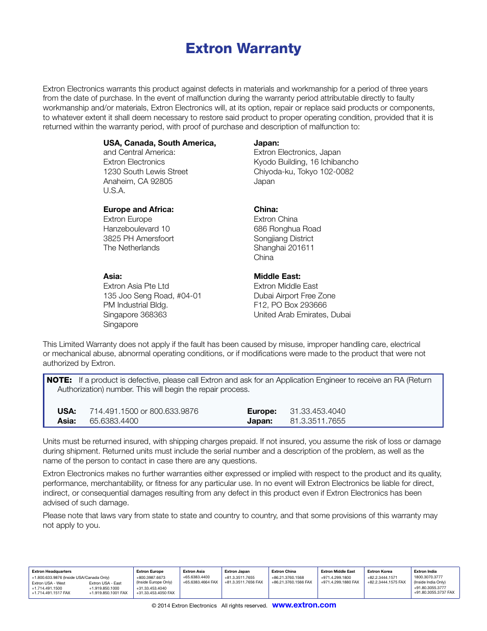 Contact information, Warranty & contact info, Extron warranty | Extron Electronics DTP T USW 233 User Guide User Manual | Page 26 / 26