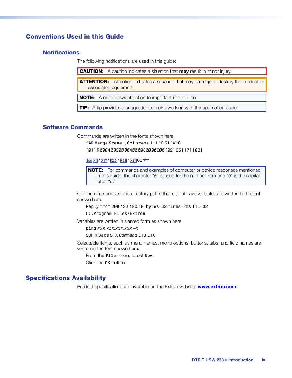 Conventions used in this guide, Specifications availability | Extron Electronics DTP T USW 233 User Guide User Manual | Page 4 / 26