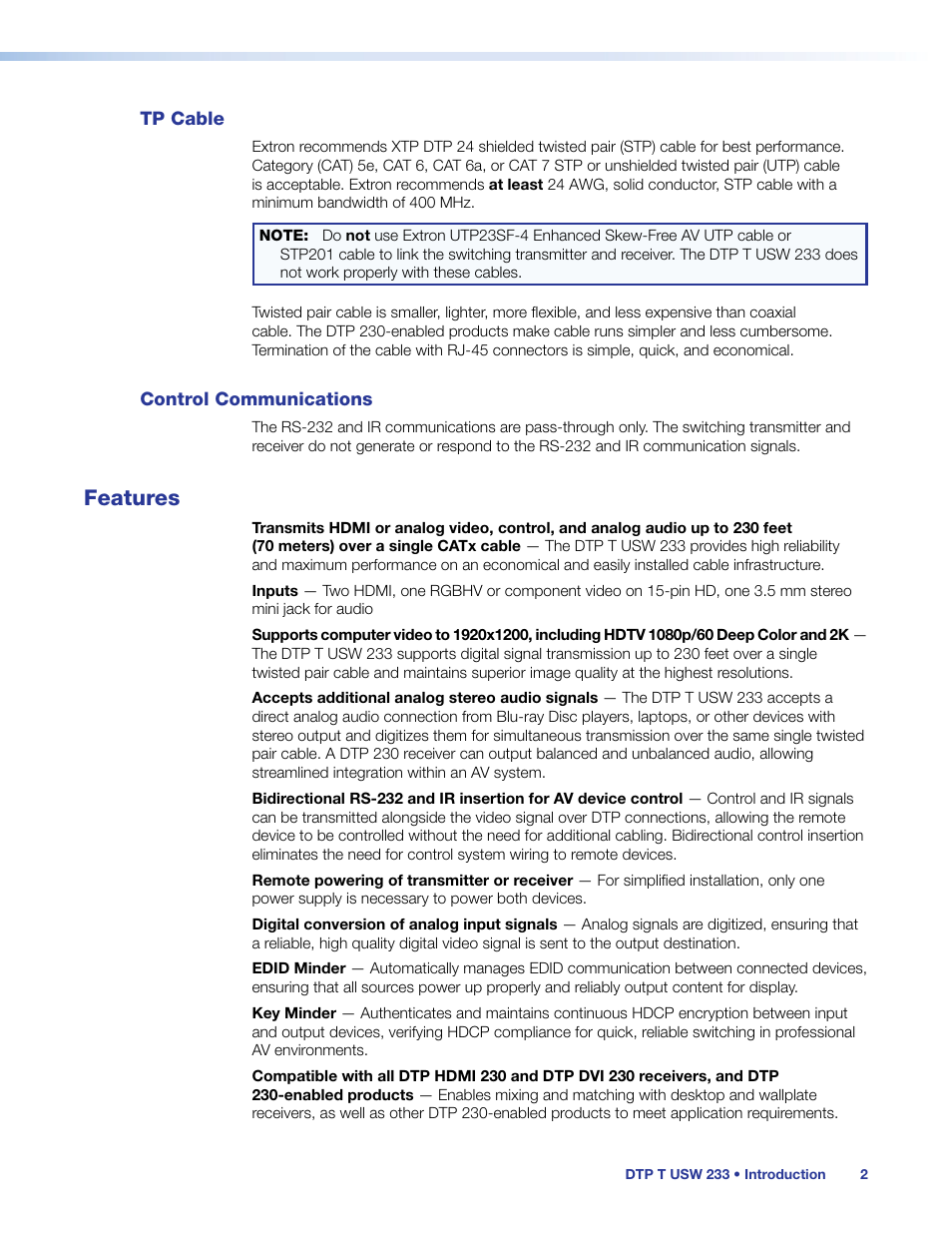Tp cable, Control communications, Features | Tp cable control communications | Extron Electronics DTP T USW 233 User Guide User Manual | Page 7 / 26