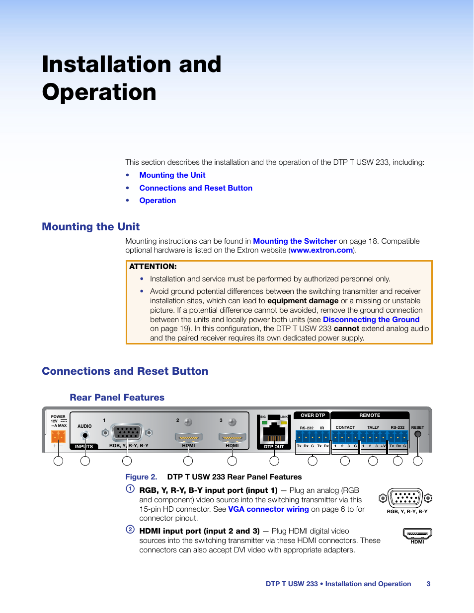 Installation and operation, Mounting the unit, Connections and reset button | Rear panel features, Mounting the unit connections and reset button | Extron Electronics DTP T USW 233 User Guide User Manual | Page 8 / 26