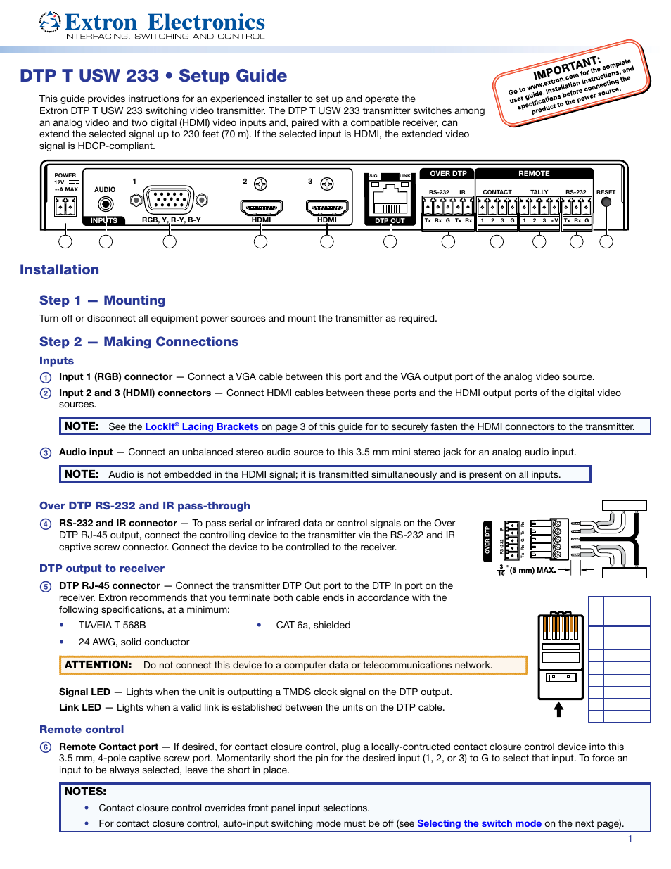 Extron Electronics DTP T USW 233 Setup Guide User Manual | 4 pages