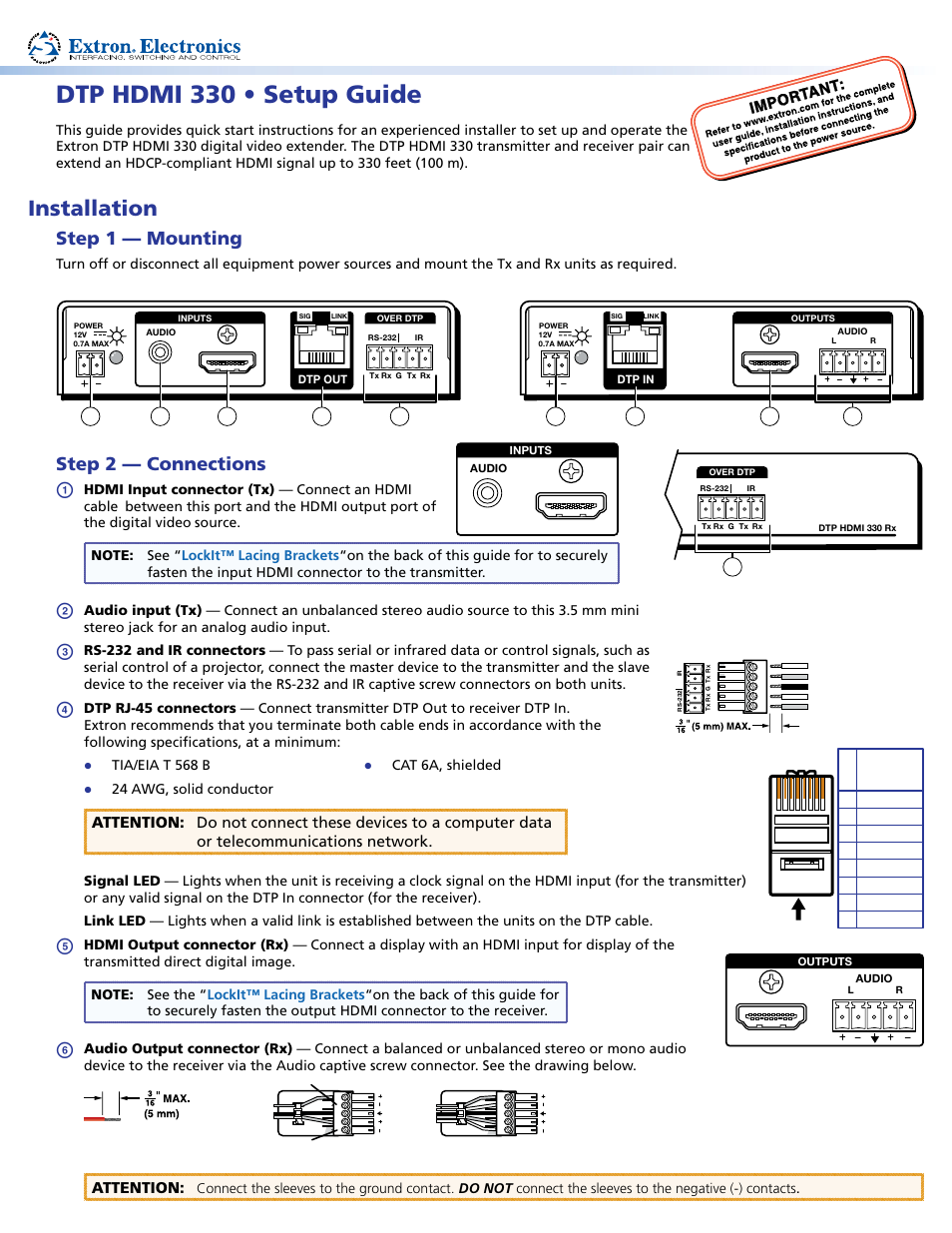 Extron Electronics DTP HDMI 330 Setup Guide User Manual | 2 pages