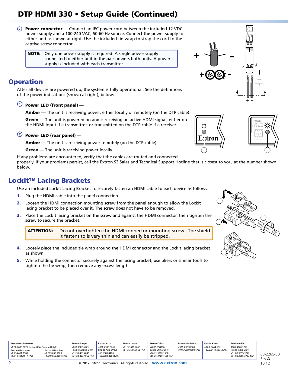 Dtp hdmi 330 • setup guide (continued), Operation, Lockit™ lacing brackets | Extron Electronics DTP HDMI 330 Setup Guide User Manual | Page 2 / 2