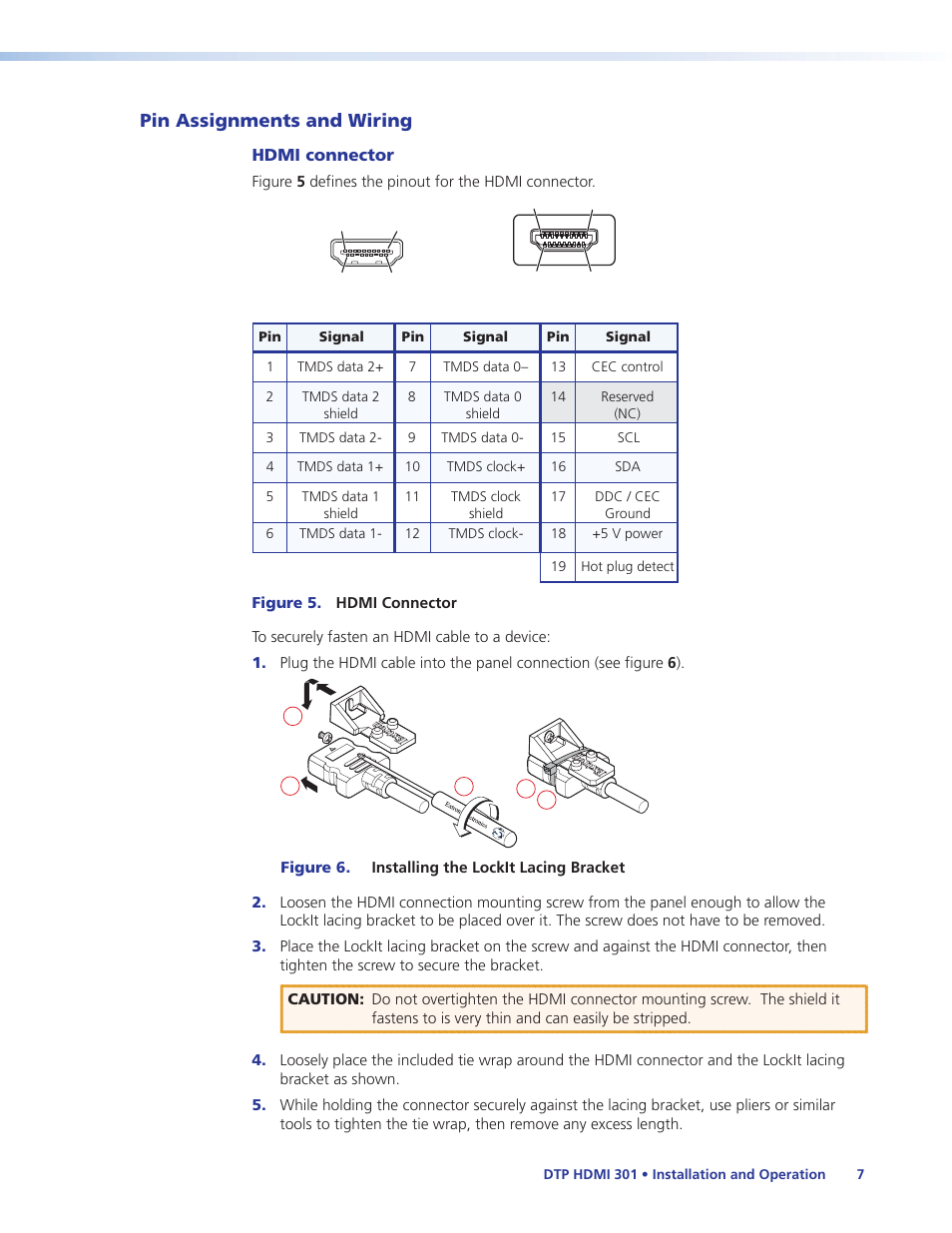 Pin assignments and wiring, Hdmi connector, For pin assignments and to use the lockit | For pin assignments and to use the lockit hdmi | Extron Electronics DTP HDMI 301 User Guide User Manual | Page 13 / 23