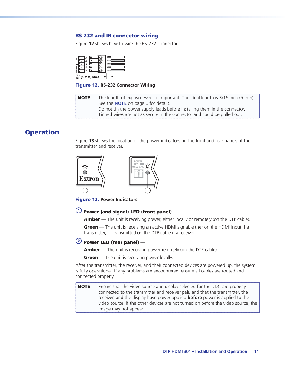 Operation, Rs-232 and ir connector wiring | Extron Electronics DTP HDMI 301 User Guide User Manual | Page 17 / 23