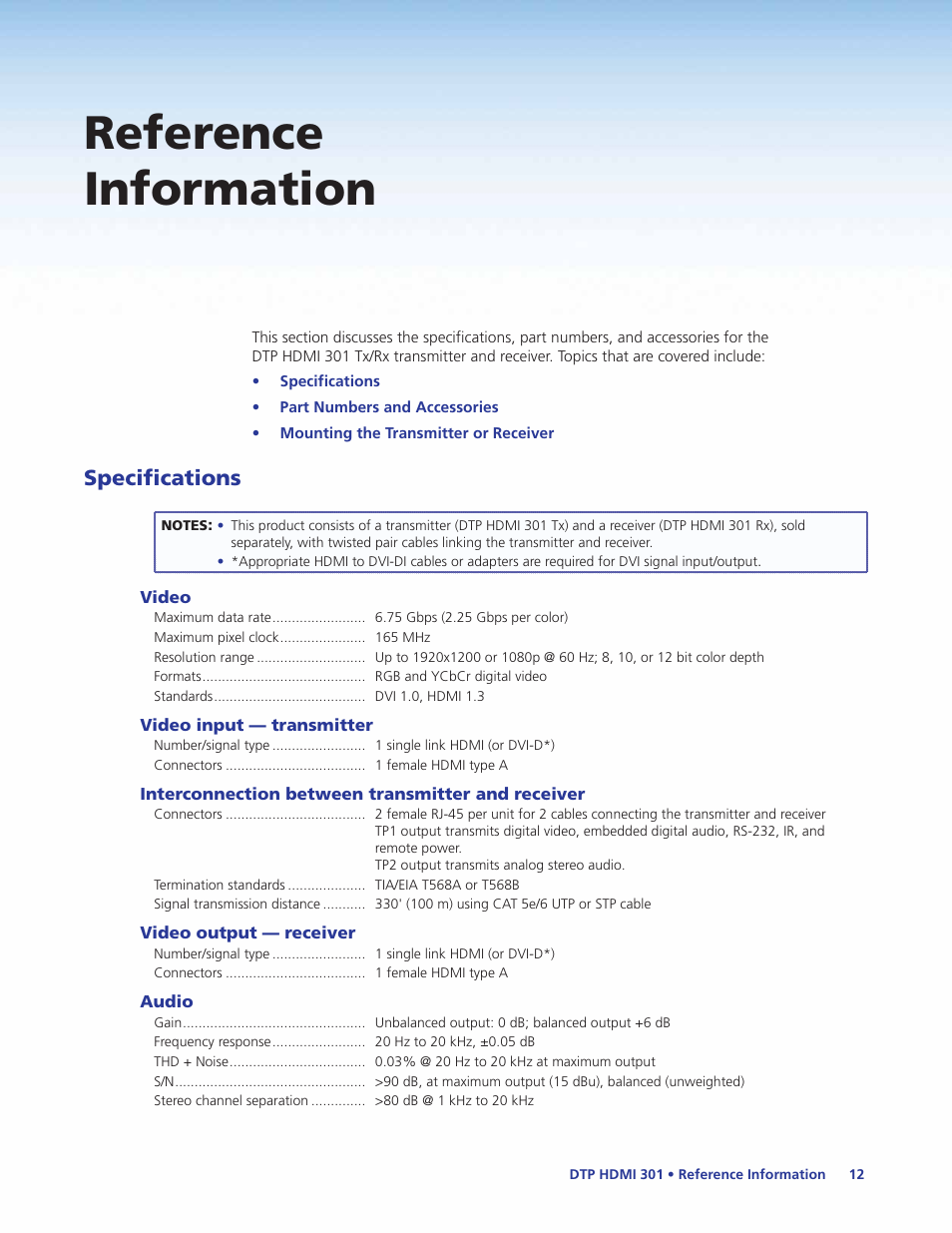 Reference information, Specifications | Extron Electronics DTP HDMI 301 User Guide User Manual | Page 18 / 23
