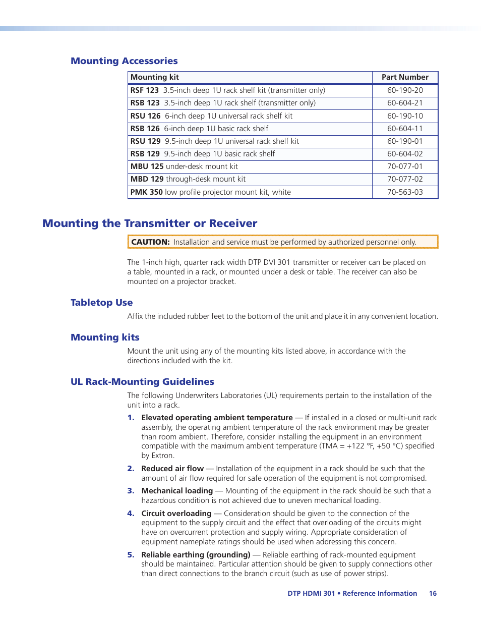 Mounting accessories, Mounting the transmitter or receiver, Tabletop use | Mounting kits, Ul rack-mounting guidelines, Reference information | Extron Electronics DTP HDMI 301 User Guide User Manual | Page 22 / 23