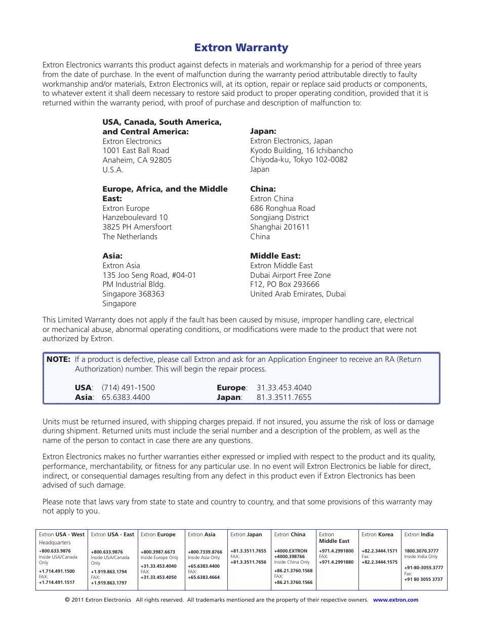 Warranty and contacts, Extron warranty | Extron Electronics DTP HDMI 301 User Guide User Manual | Page 23 / 23