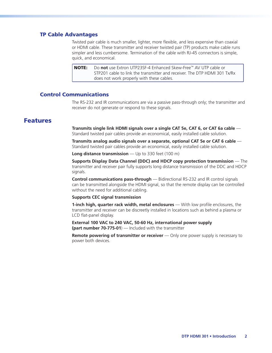 Tp cable advantages, Control communications, Features | Tp cable advantages control communications | Extron Electronics DTP HDMI 301 User Guide User Manual | Page 8 / 23