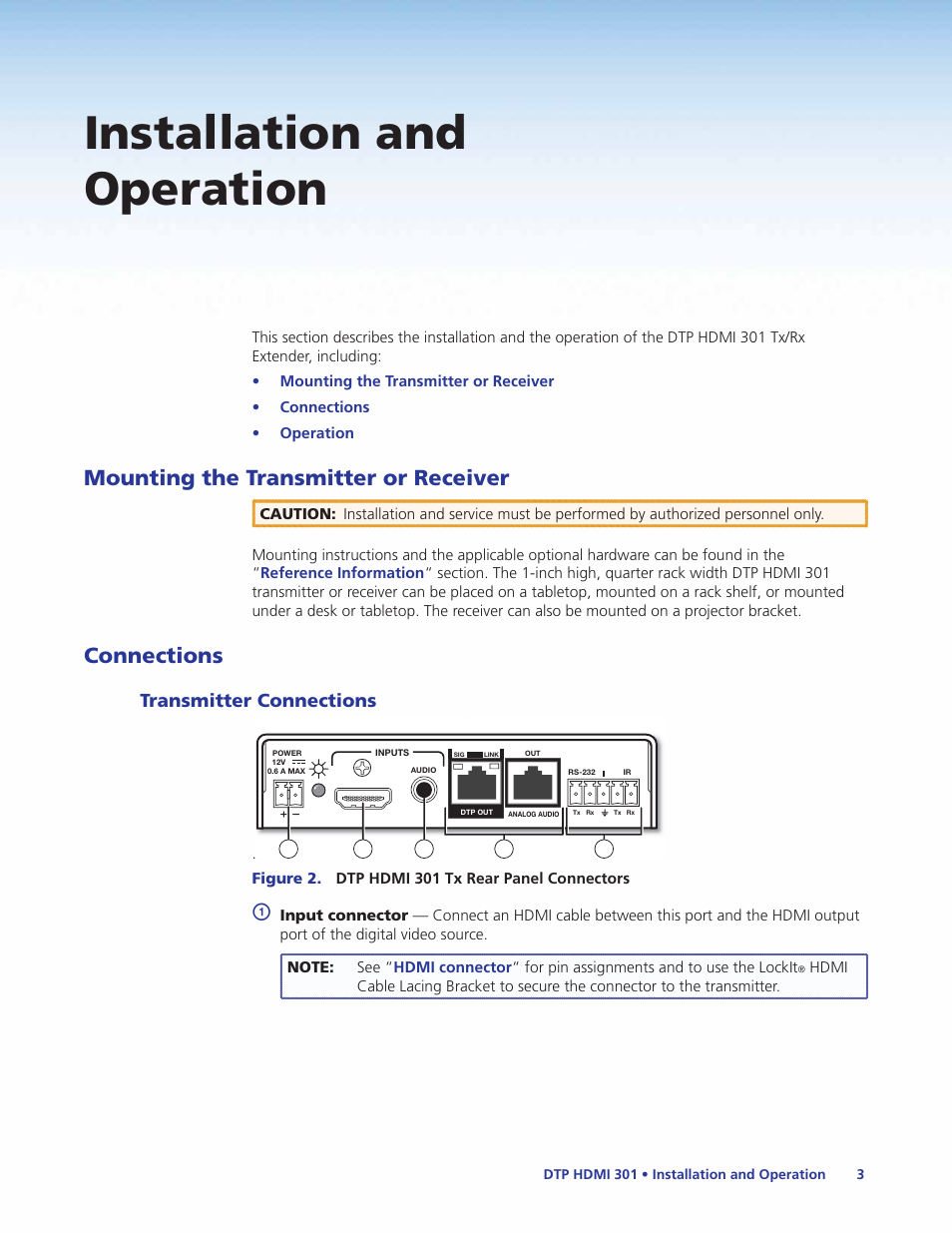 Installation and operation, Mounting the transmitter or receiver, Connections | Transmitter connections, Mounting the transmitter or receiver connections | Extron Electronics DTP HDMI 301 User Guide User Manual | Page 9 / 23