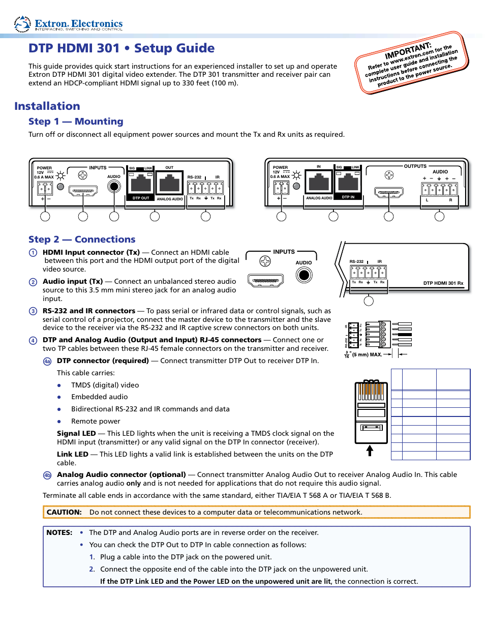 Extron Electronics DTP HDMI 301 Setup Guide User Manual | 2 pages