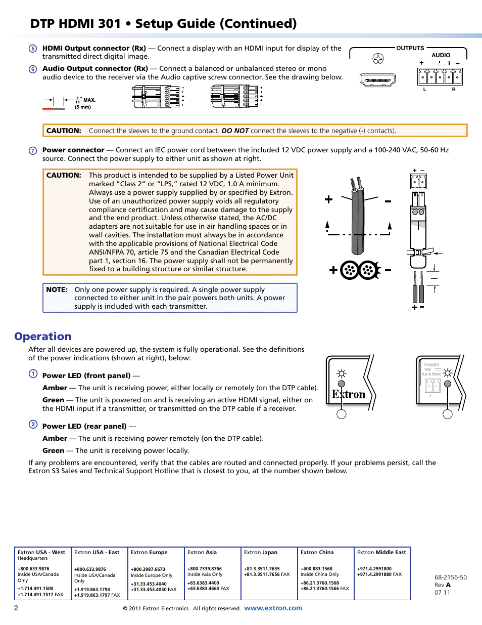 Dtp hdmi 301 • setup guide (continued), Operation | Extron Electronics DTP HDMI 301 Setup Guide User Manual | Page 2 / 2