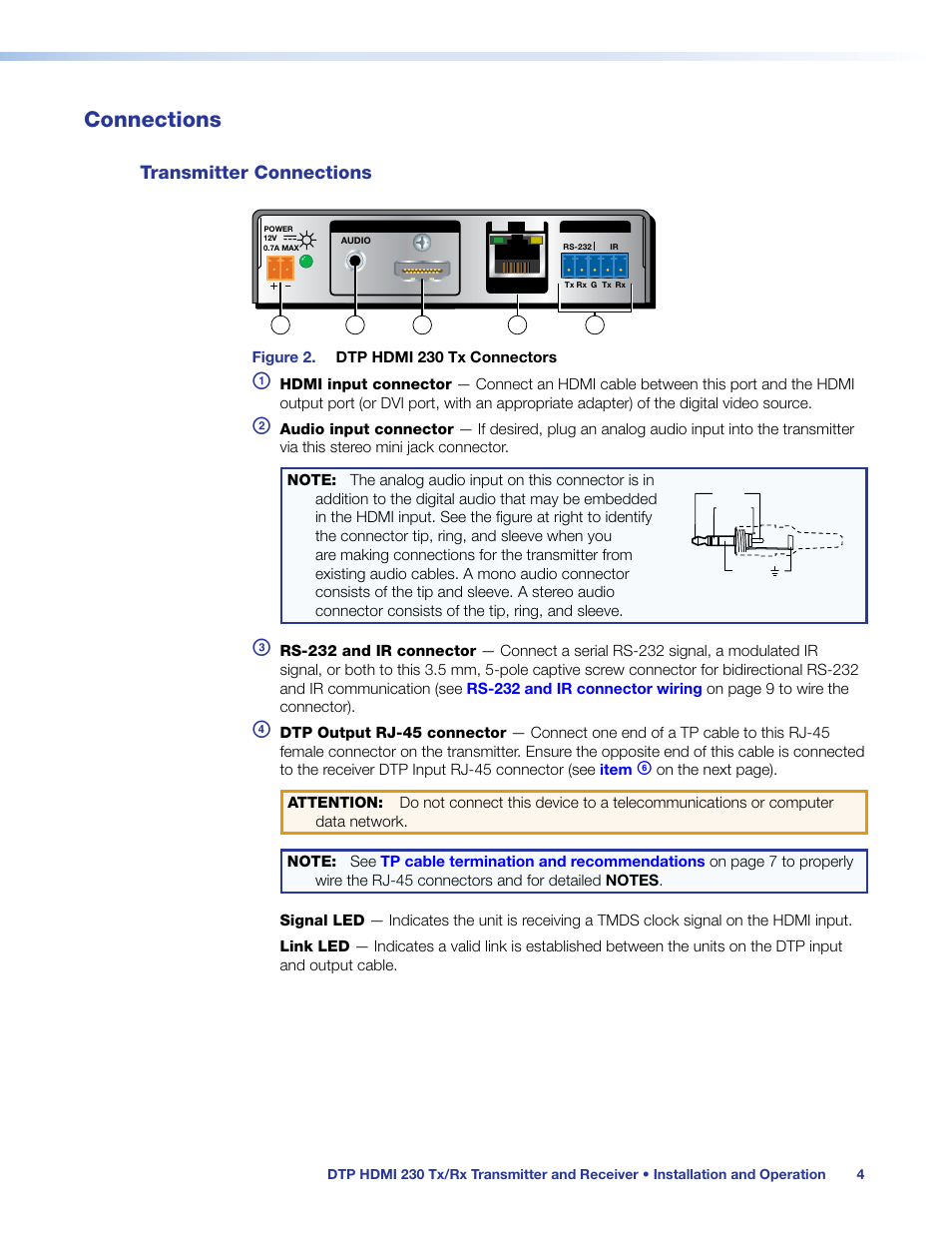 Connections, Transmitter connections | Extron Electronics DTP HDMI 230 User Guide User Manual | Page 10 / 19