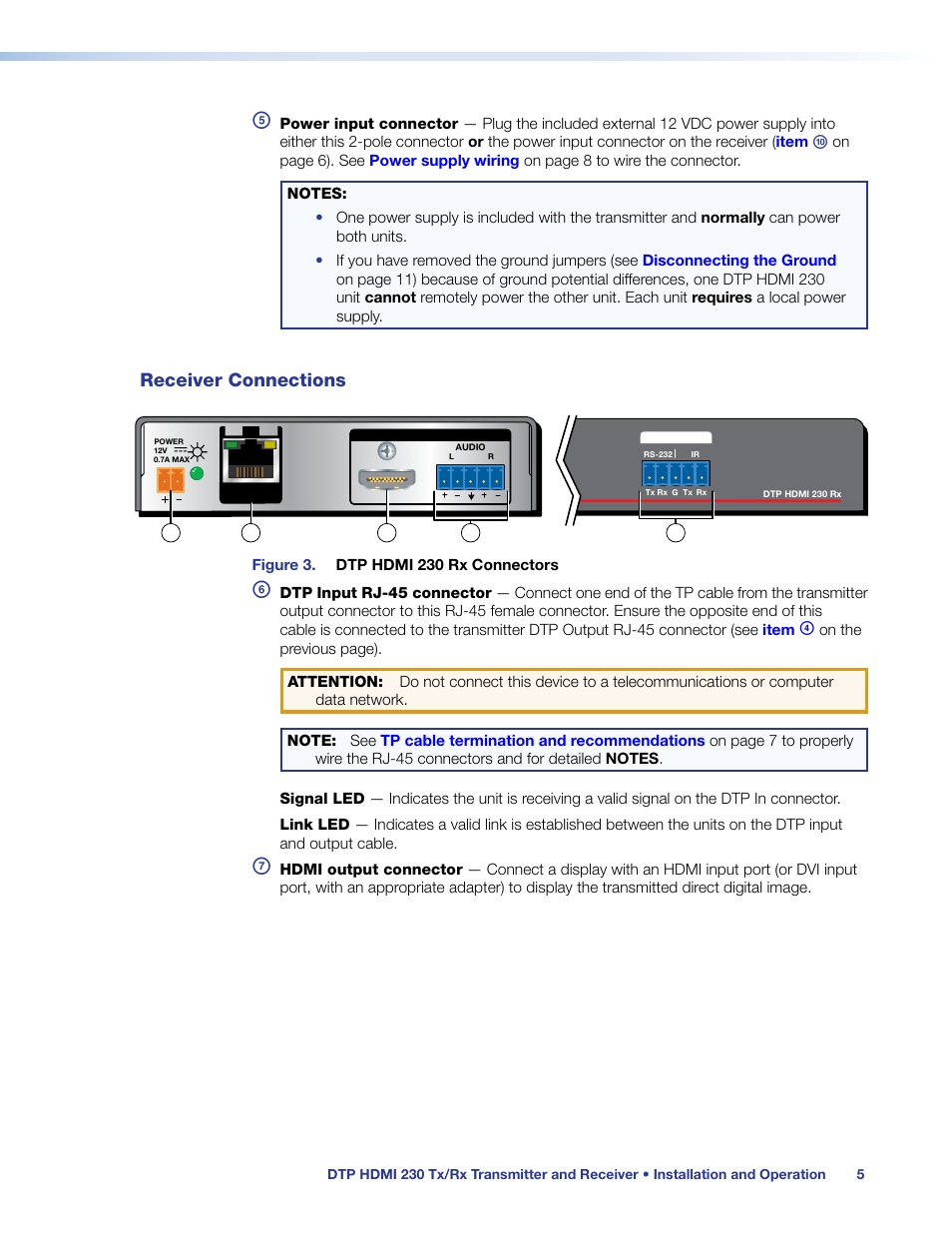 Receiver connections, 45 connector (see, Item | Extron Electronics DTP HDMI 230 User Guide User Manual | Page 11 / 19