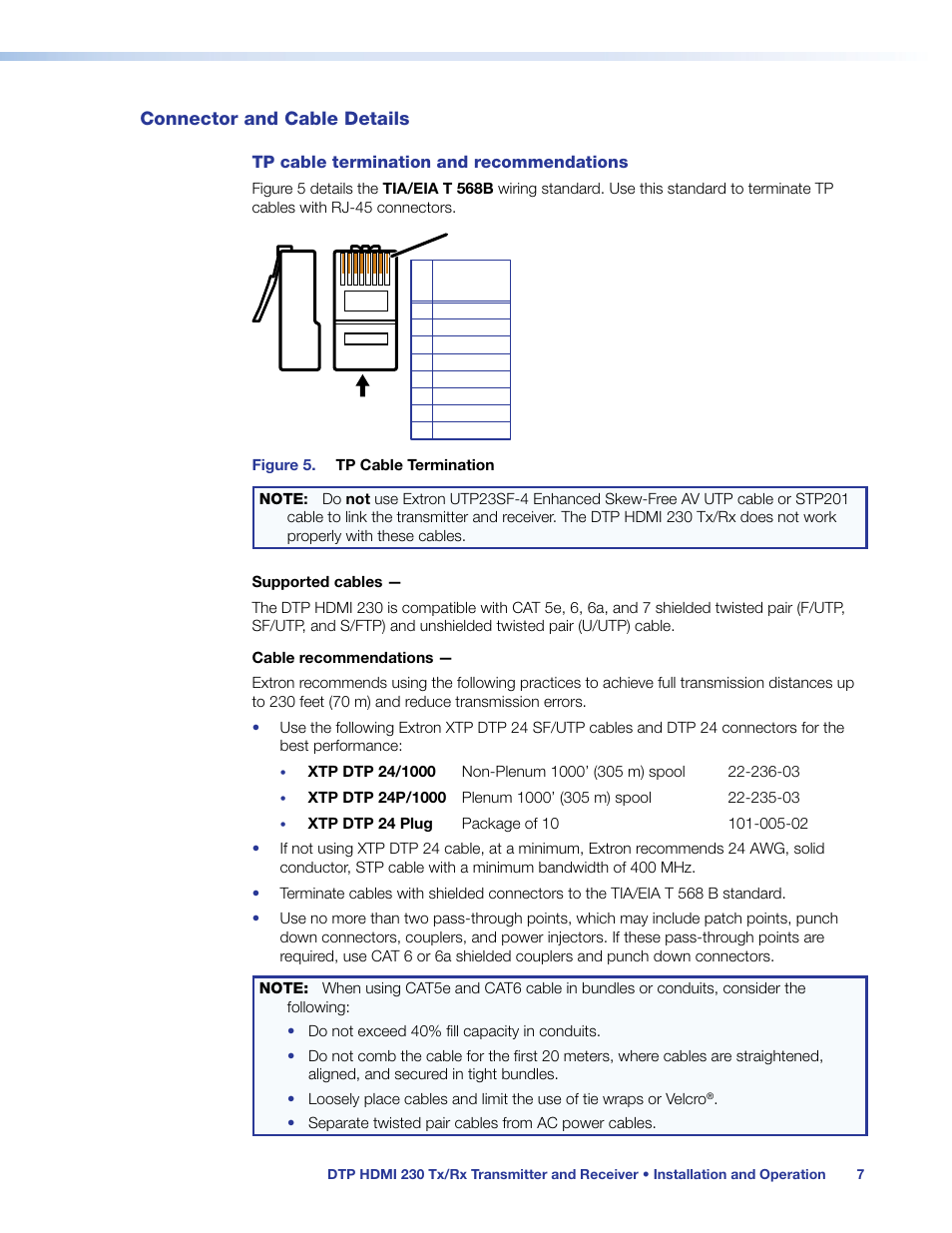 Connector and cable details, Tp cable termination and recommendations | Extron Electronics DTP HDMI 230 User Guide User Manual | Page 13 / 19