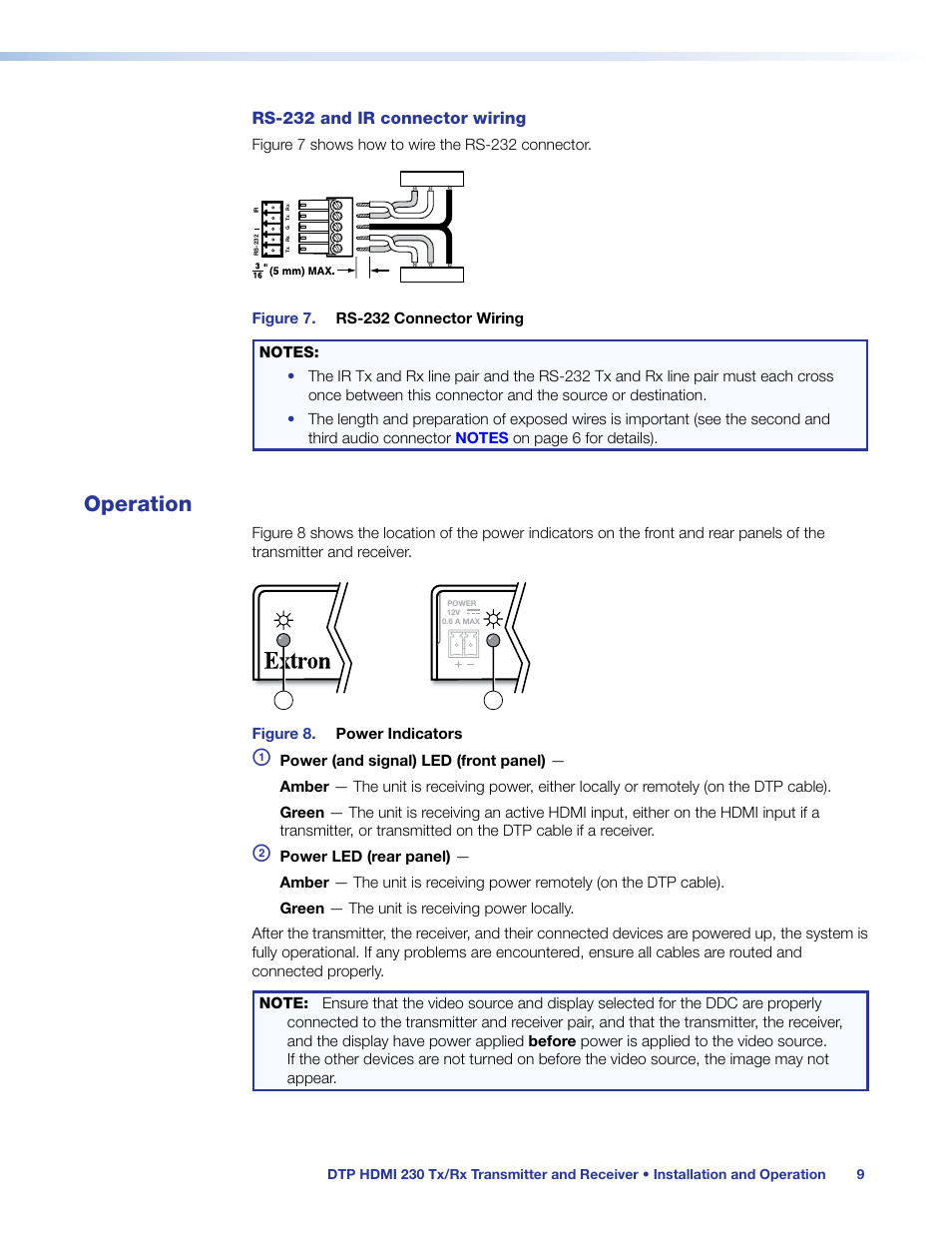 Operation, Rs-232 and ir connector wiring | Extron Electronics DTP HDMI 230 User Guide User Manual | Page 15 / 19