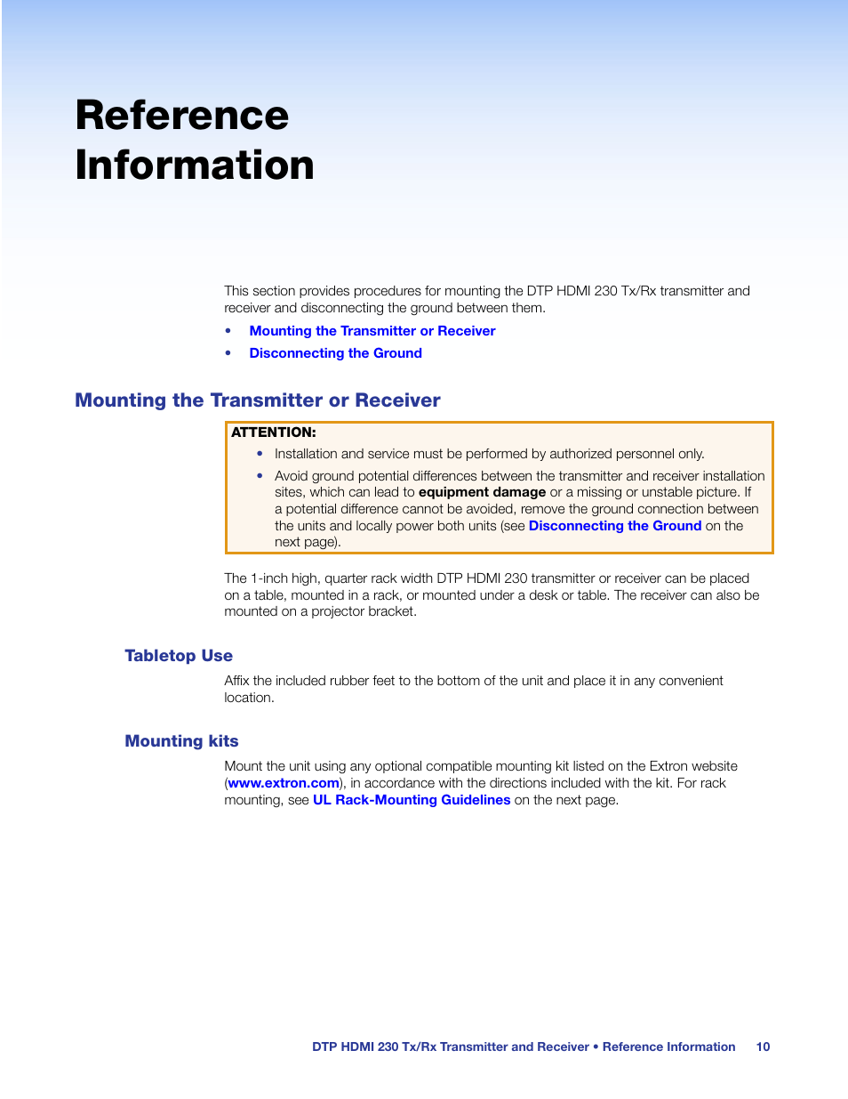 Reference information, Mounting the transmitter or receiver, Tabletop use | Mounting kits, Tabletop use mounting kits, Mounting instructions can be found in | Extron Electronics DTP HDMI 230 User Guide User Manual | Page 16 / 19