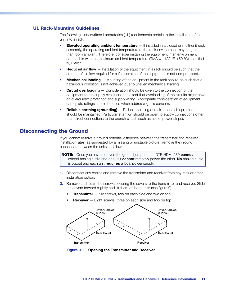 Ul rack-mounting guidelines, Disconnecting the ground, Ul rack‑mounting guidelines | On the, Mounting, see | Extron Electronics DTP HDMI 230 User Guide User Manual | Page 17 / 19