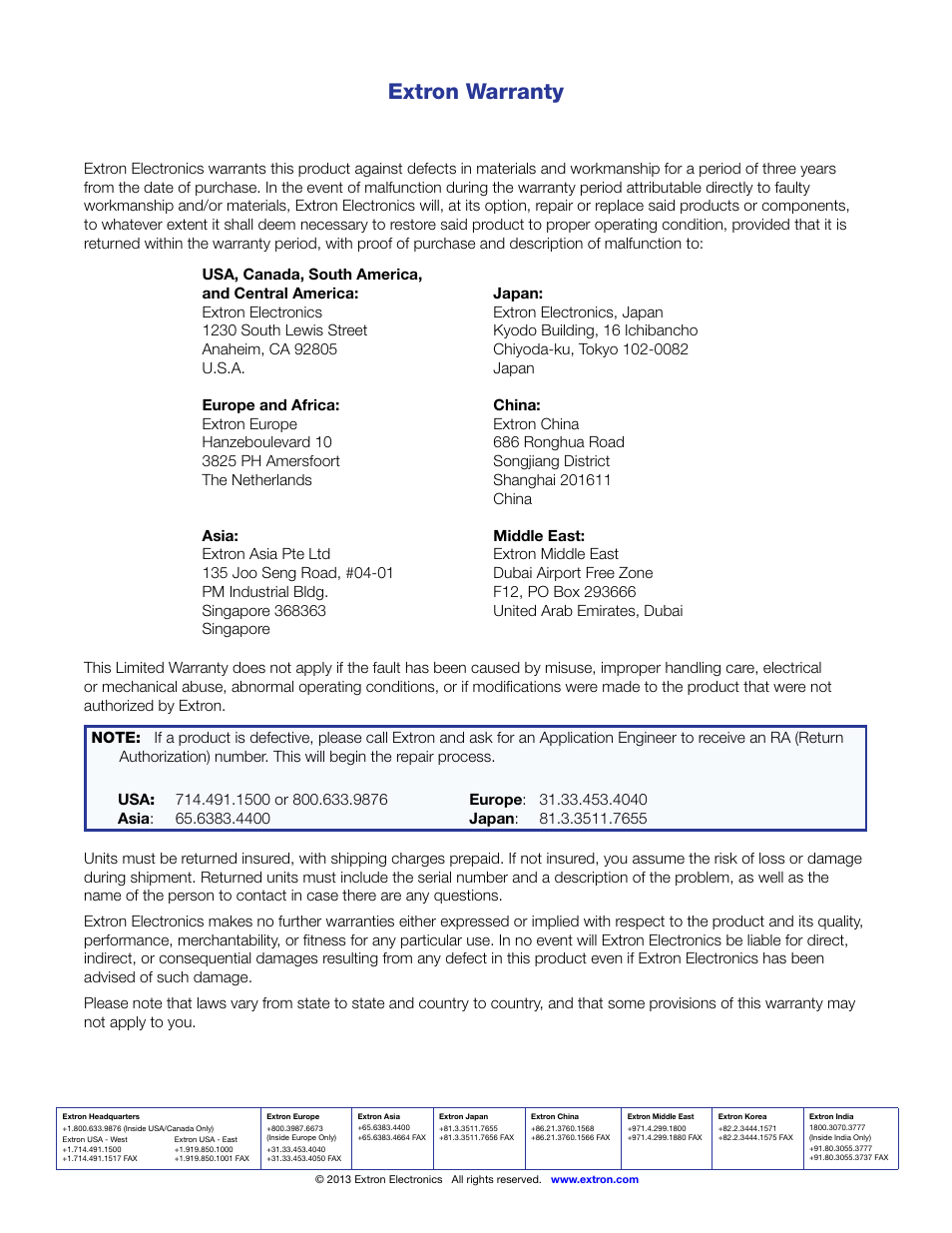 Warranty and contact in fo, Extron warranty | Extron Electronics DTP HDMI 230 User Guide User Manual | Page 19 / 19