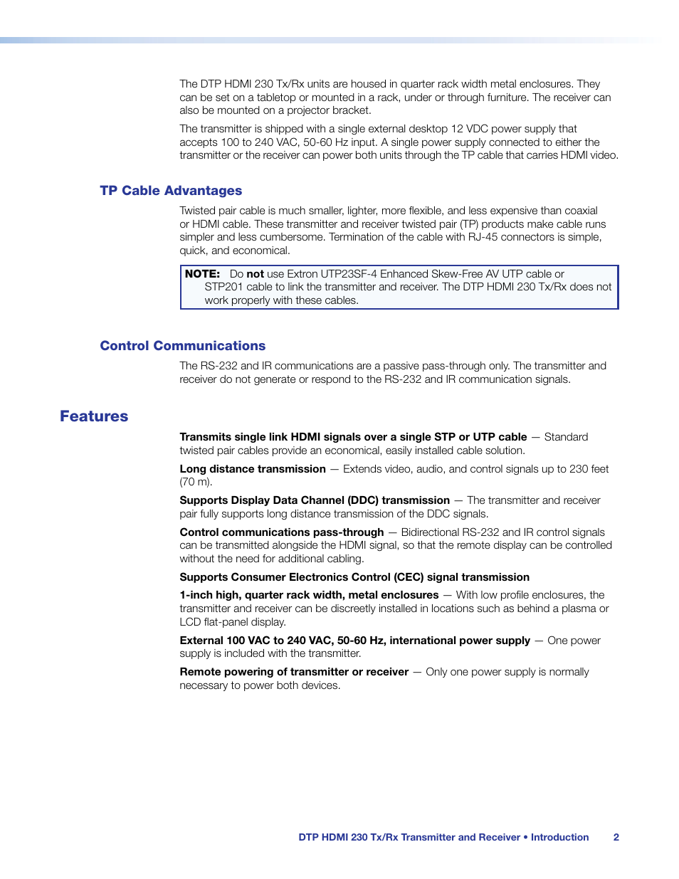 Tp cable advantages, Control communications, Features | Tp cable advantages control communications | Extron Electronics DTP HDMI 230 User Guide User Manual | Page 8 / 19