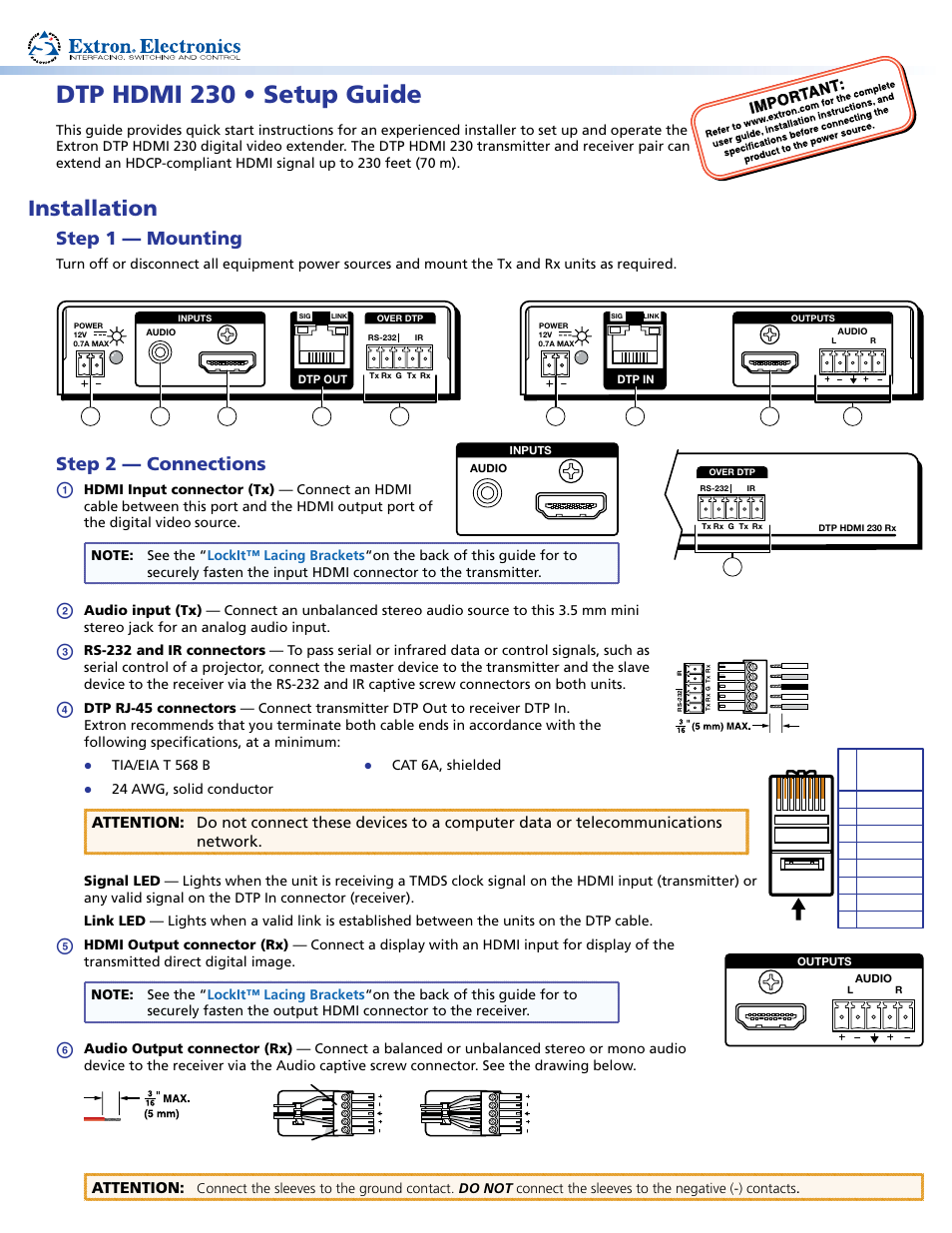 Extron Electronics DTP HDMI 230 Setup Guide User Manual | 2 pages