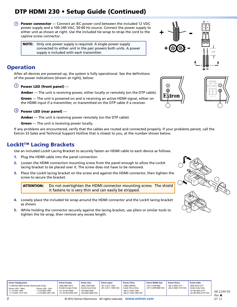 Lockit™ lacing brackets, On the back of this guide for to, Dtp hdmi 230 • setup guide (continued) | Operation | Extron Electronics DTP HDMI 230 Setup Guide User Manual | Page 2 / 2