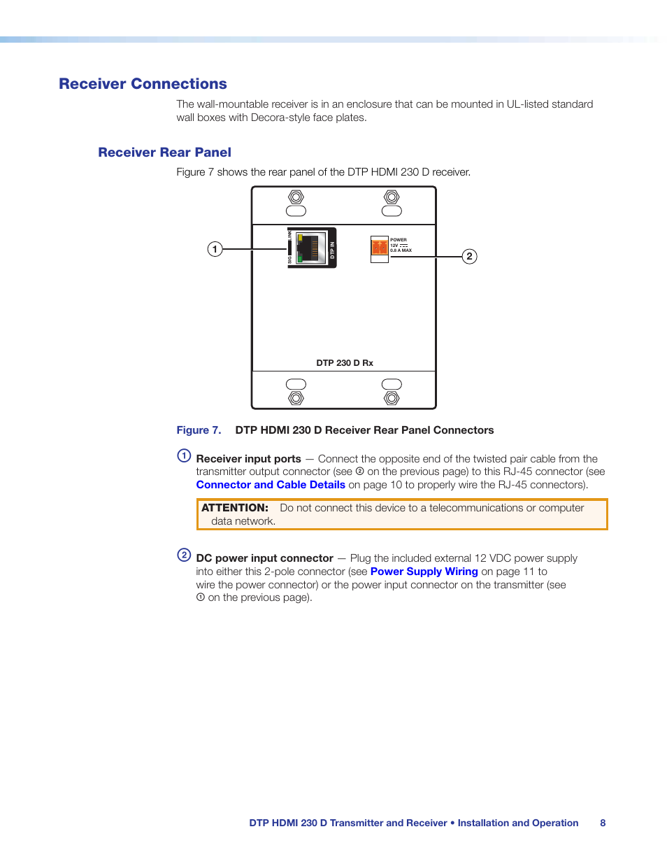 Receiver connections, Receiver rear panel, Receiver front panel | Extron Electronics DTP HDMI 230 D User Guide User Manual | Page 14 / 22