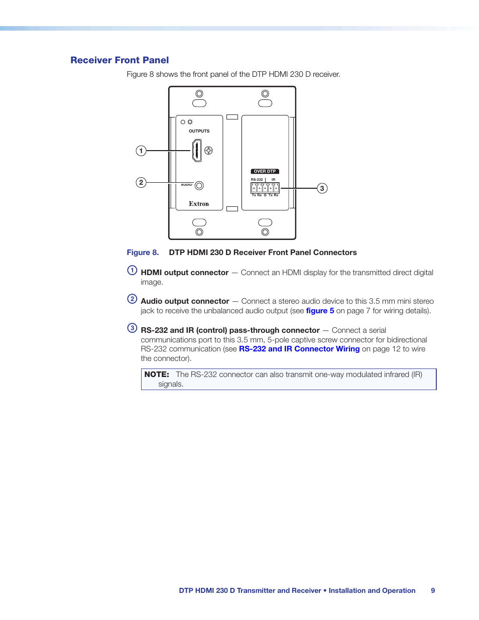 Receiver front panel, Receiver rear panel | Extron Electronics DTP HDMI 230 D User Guide User Manual | Page 15 / 22