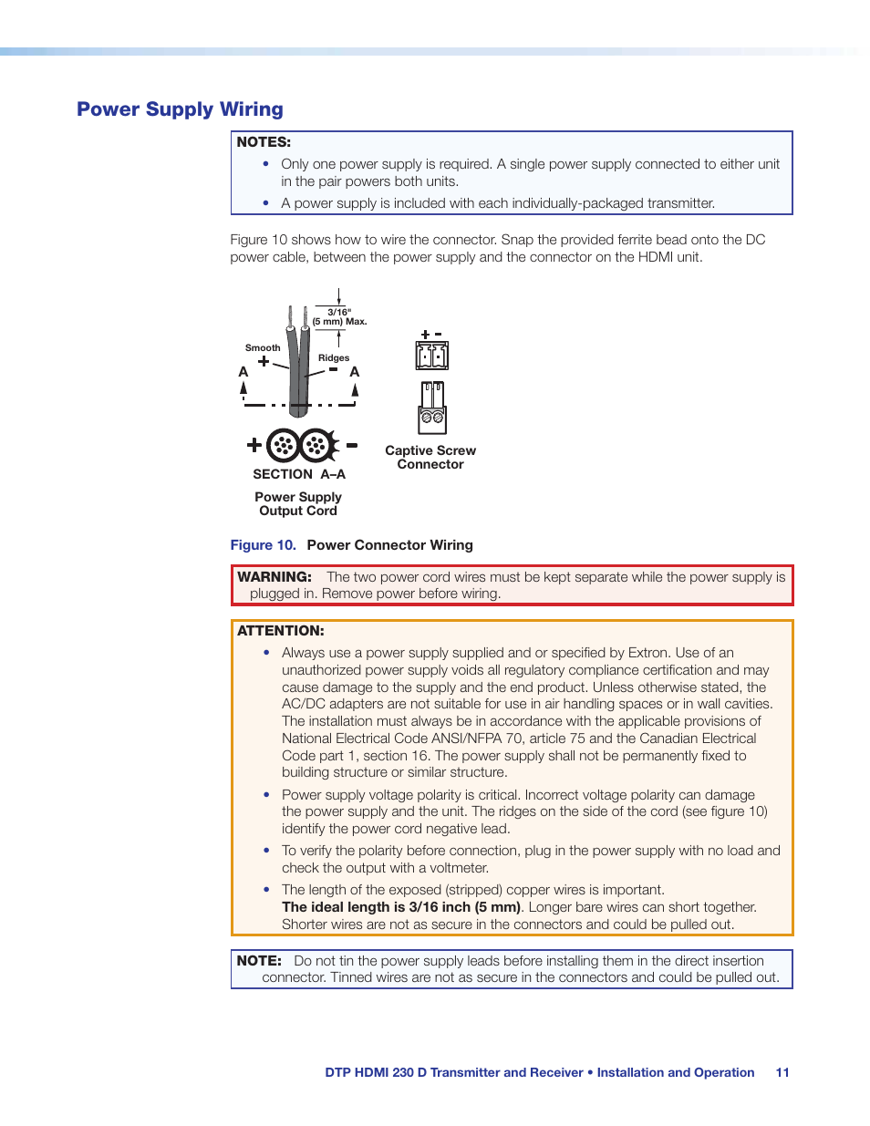 Power supply wiring | Extron Electronics DTP HDMI 230 D User Guide User Manual | Page 17 / 22