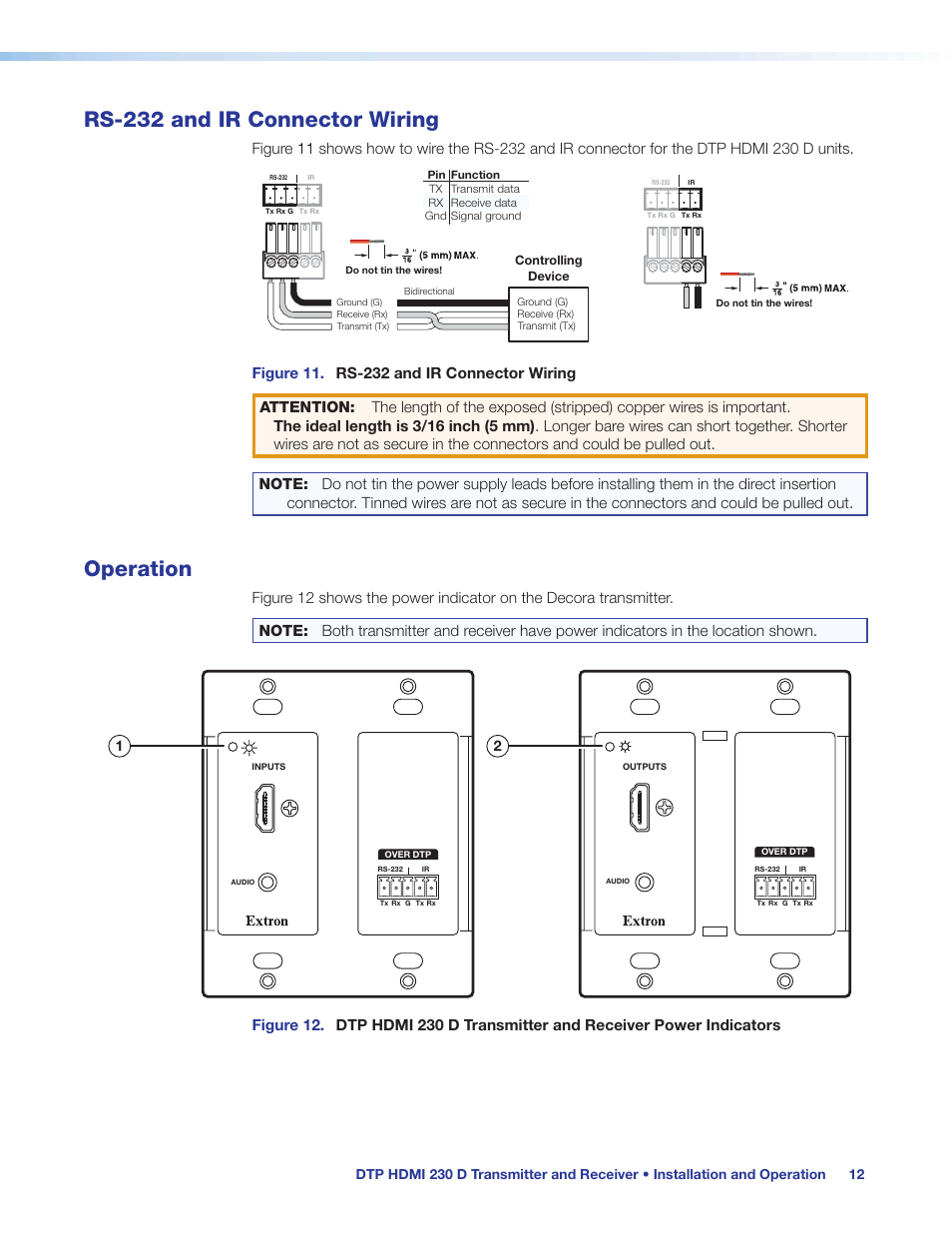 Rs-232 and ir connector wiring, Operation, Rs-232 communication (see | Extron Electronics DTP HDMI 230 D User Guide User Manual | Page 18 / 22