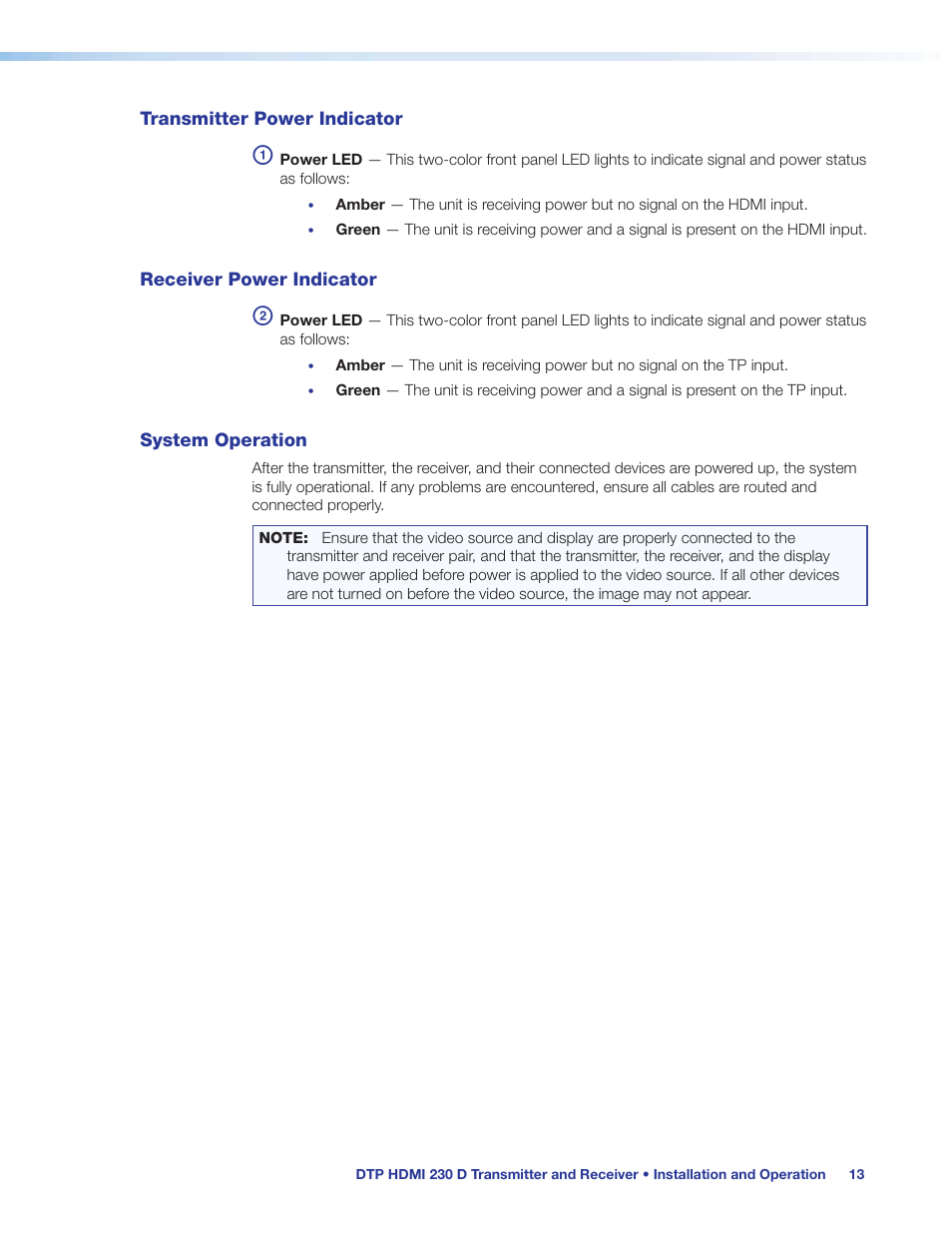 Transmitter power indicator, Receiver power indicator, System operation | Extron Electronics DTP HDMI 230 D User Guide User Manual | Page 19 / 22
