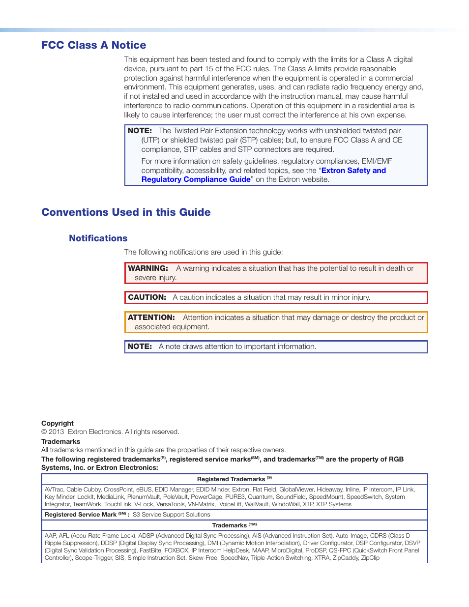 Fcc class a notice, Conventions used in this guide, Notifications | Extron Electronics DTP HDMI 230 D User Guide User Manual | Page 3 / 22