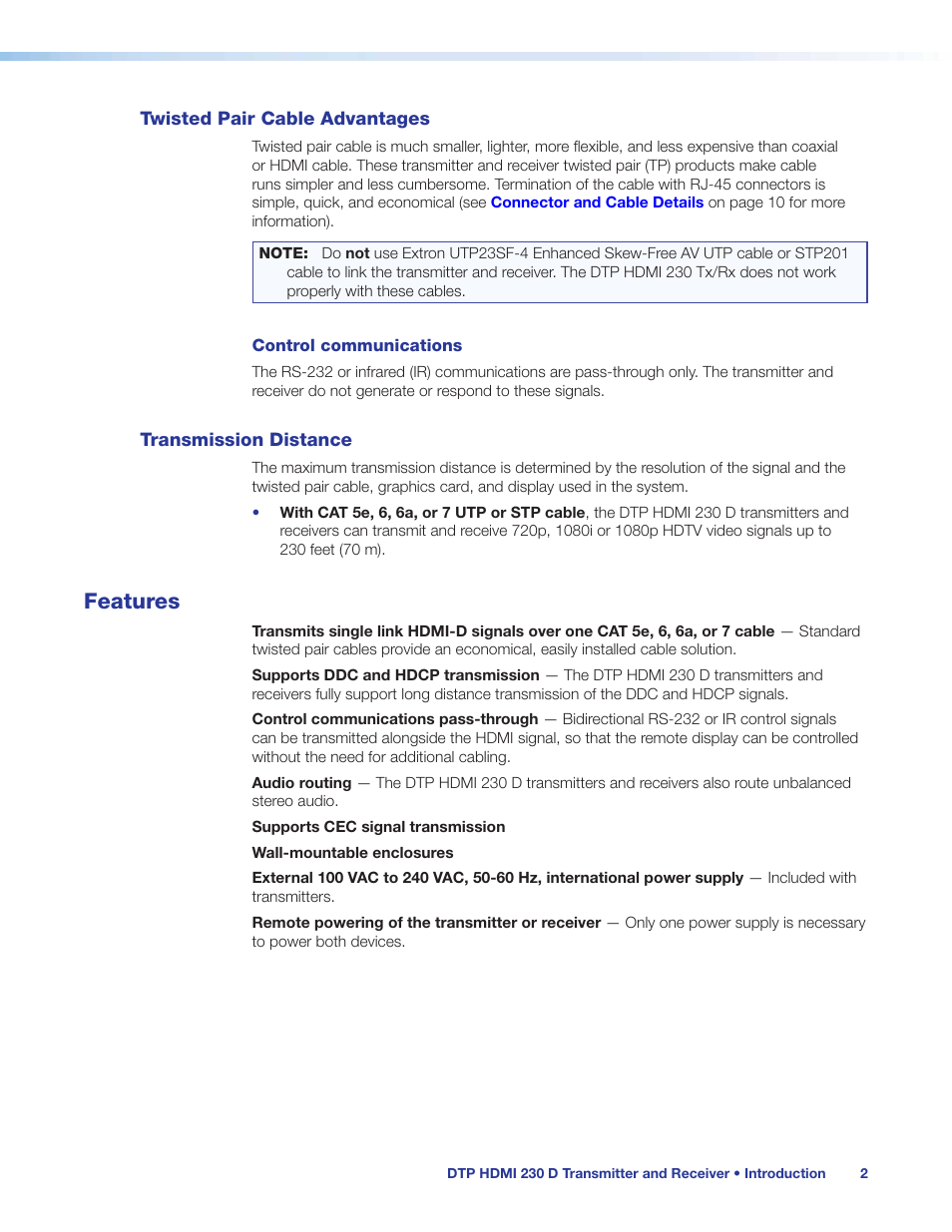 Twisted pair cable advantages, Transmission distance, Features | Extron Electronics DTP HDMI 230 D User Guide User Manual | Page 8 / 22