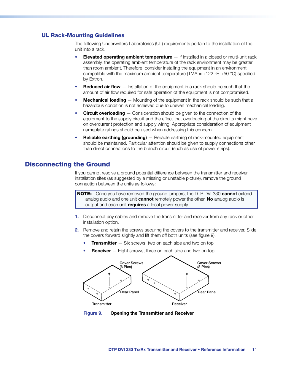 Ul rack-mounting guidelines, Disconnecting the ground, Ul rack‑mounting guidelines | On the, Mounting, see | Extron Electronics DTP DVI 330 User Guide User Manual | Page 17 / 19