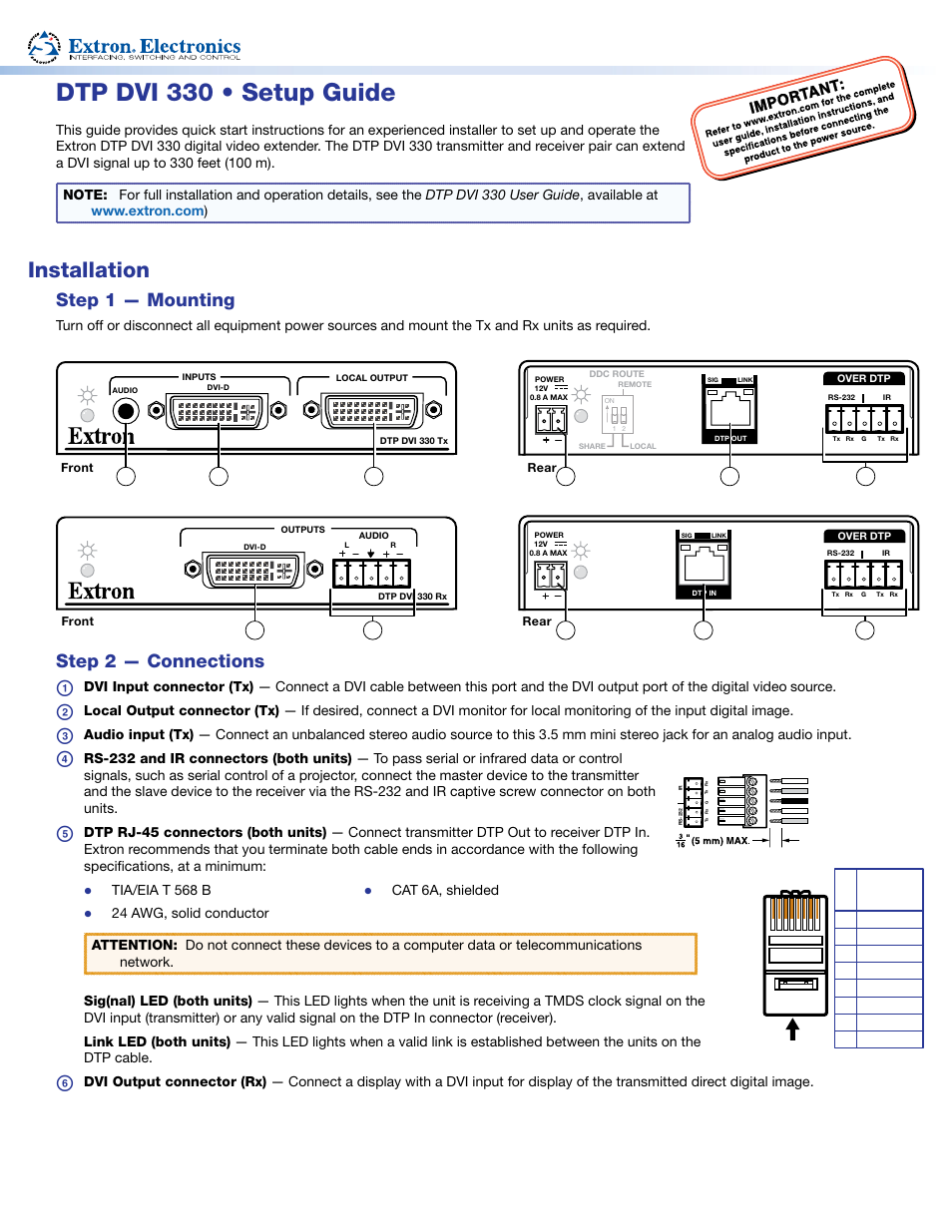 Extron Electronics DTP DVI 330 Setup Guide User Manual | 2 pages