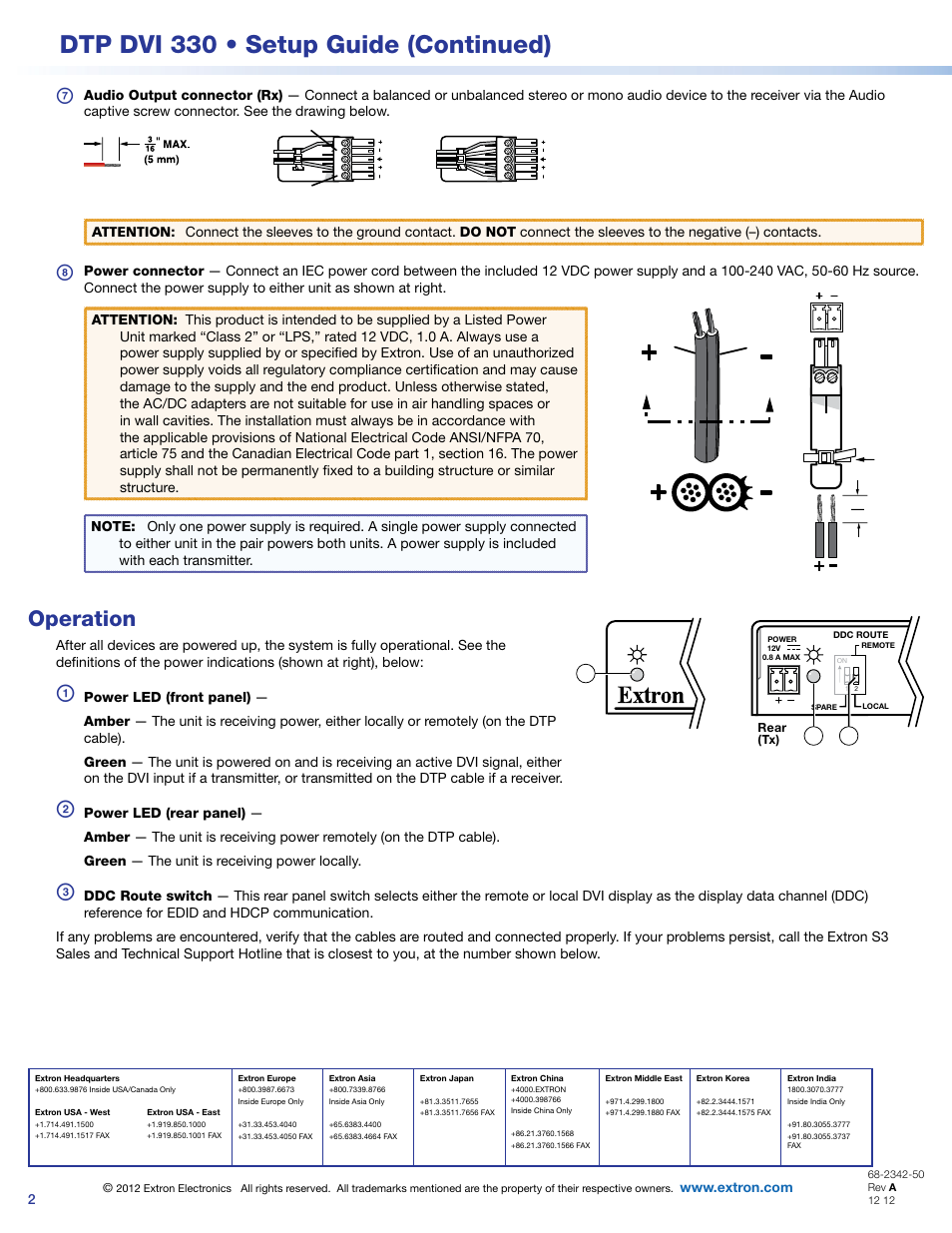 Dtp dvi 330 • setup guide (continued), Operation | Extron Electronics DTP DVI 330 Setup Guide User Manual | Page 2 / 2