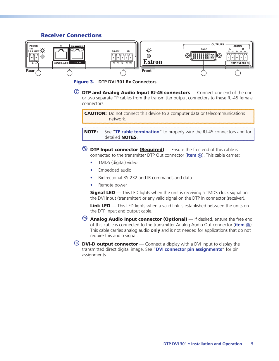 Receiver connections, Item | Extron Electronics DTP DVI 301 User Guide User Manual | Page 11 / 23