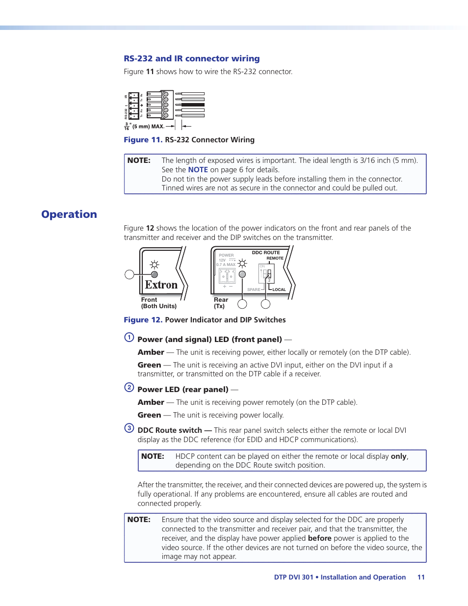 Operation, End (see the ddc route dip switch [see, Item | Rs-232 and ir connector wiring | Extron Electronics DTP DVI 301 User Guide User Manual | Page 17 / 23