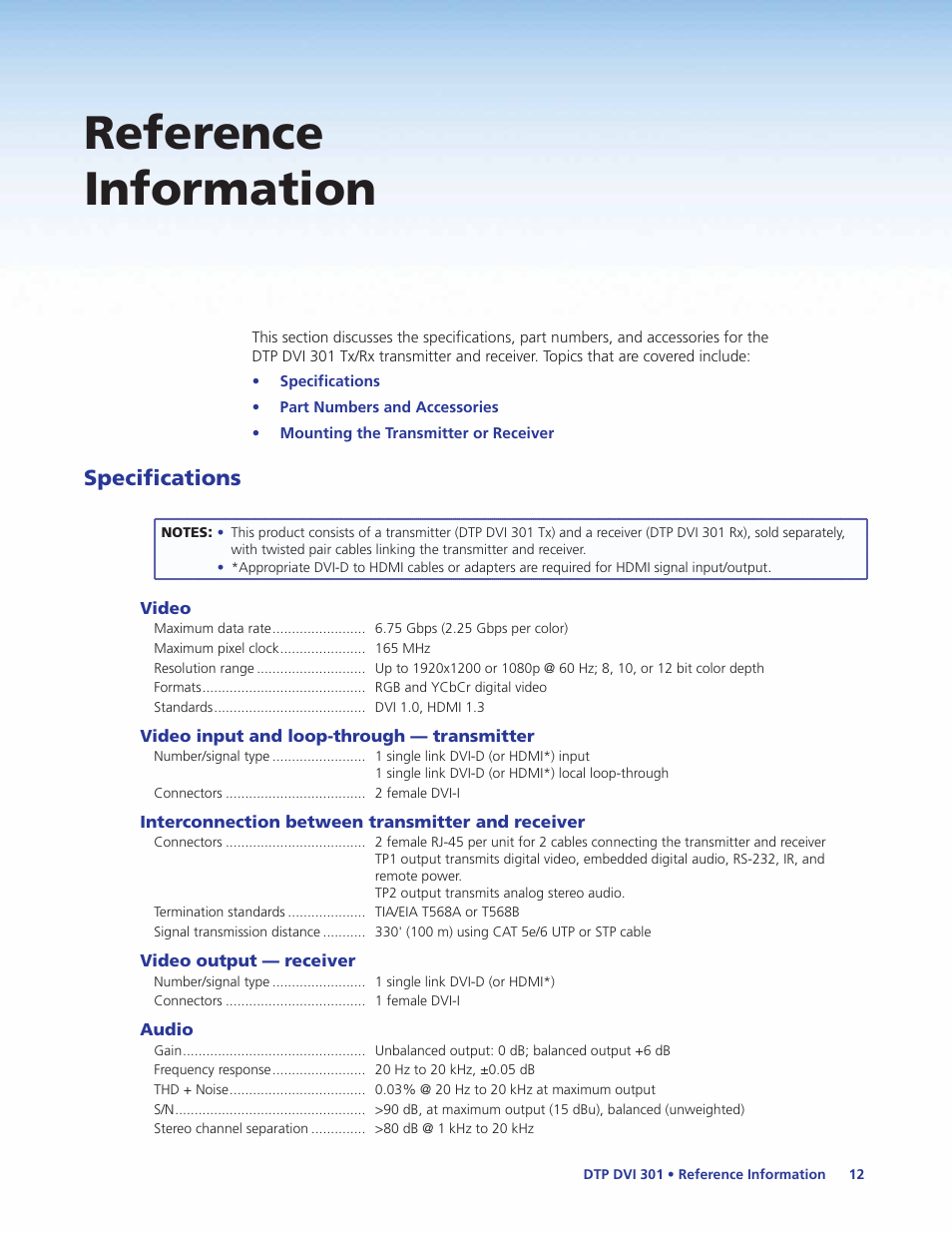 Reference information, Specifications | Extron Electronics DTP DVI 301 User Guide User Manual | Page 18 / 23