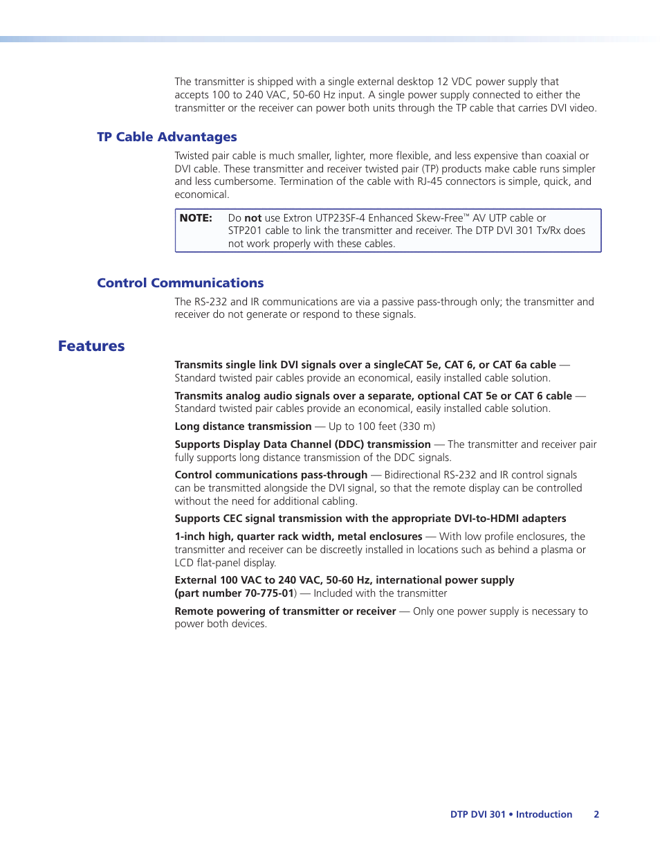 Tp cable advantages, Control communications, Features | Extron Electronics DTP DVI 301 User Guide User Manual | Page 8 / 23