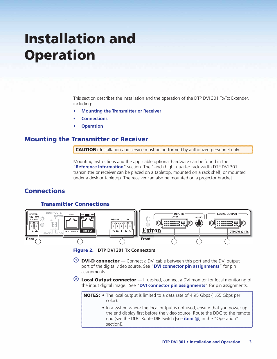 Installation and operation, Mounting the transmitter or receiver, Connections | Transmitter connections, Mounting the transmitter or receiver connections | Extron Electronics DTP DVI 301 User Guide User Manual | Page 9 / 23